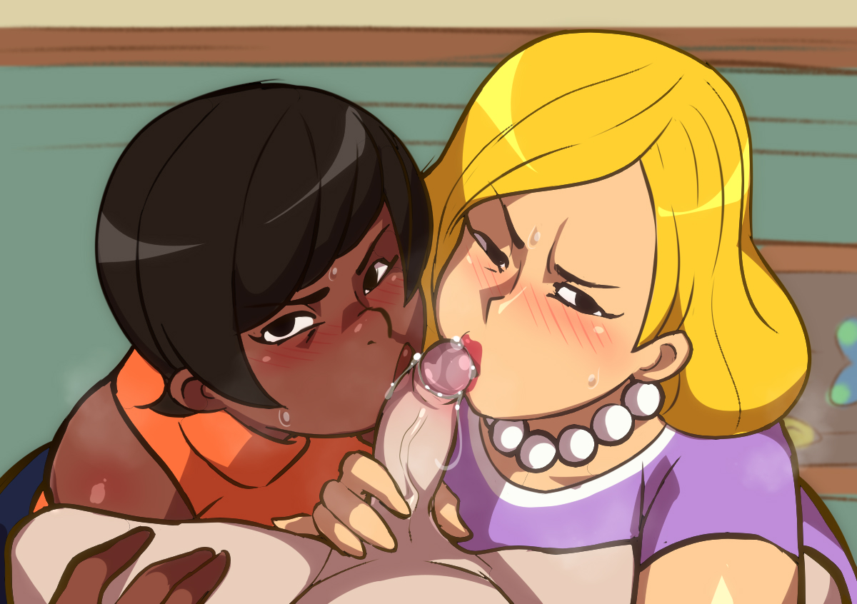 :>=, 1boy, 2girls, bare shoulders, bead necklace, black eyes, black hair, blonde hair, blush, brown eyes, clothed female nude male, clothing, cooperative fellatio, dark skin, dark-skinned female, earrings, erection, fellatio, female, ffm threesome, foreskin, group sex, harriet the spy, interracial, jcm2, jewelry, lips, lipstick, long hair, looking at viewer, makeup, male, mature female, milf, multiple girls, necklace, nose blush, nude, oral, orange shirt, pearl earrings, pearl necklace, penis, pov crotch, precum, red lips, shirt, short hair, sleeveless, sleeveless turtleneck, straight, sweat, teamwork, threesome, turtleneck, uncircumcised, very dark skin