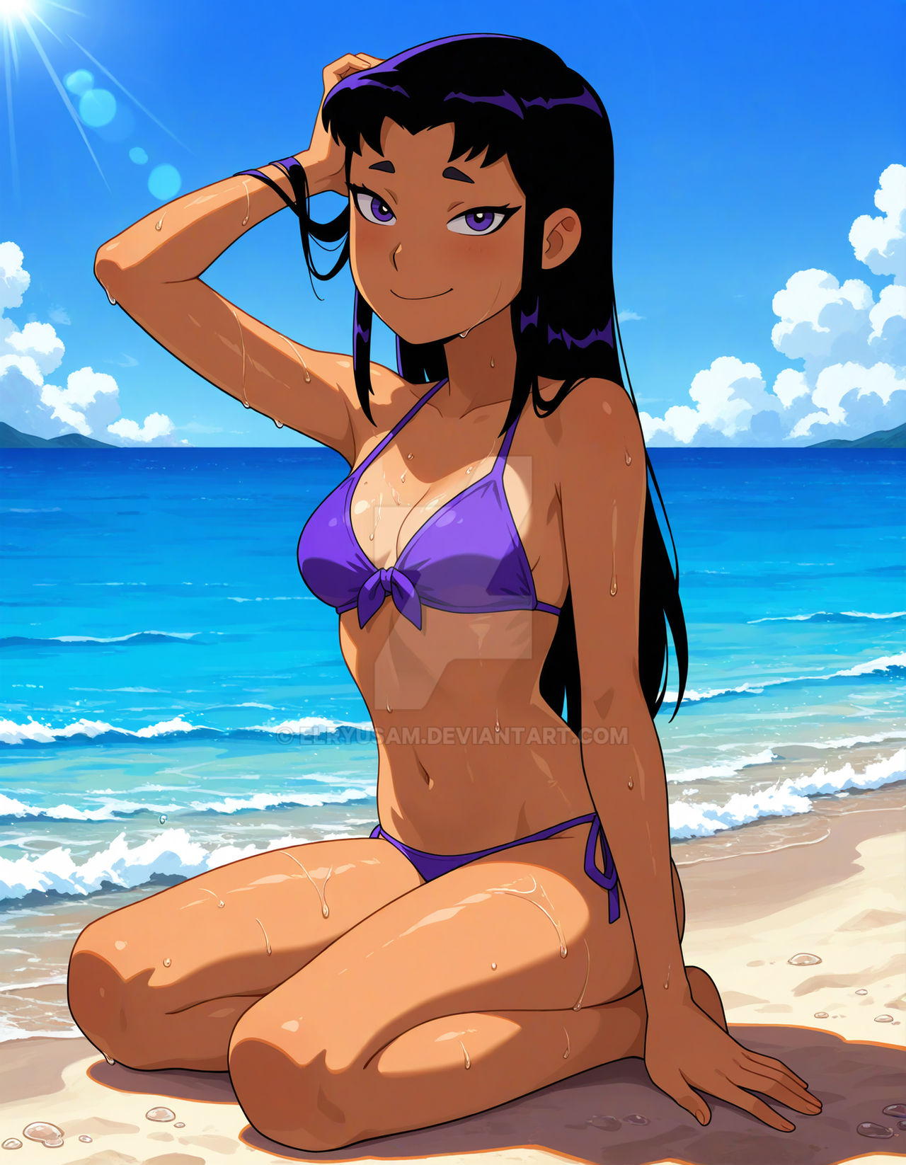 2025, ai generated, beach background, belly, blackfire, cartoon network, deviantart, elryusam, female, female only, gesturing at viewer, kneeling on ground, looking at viewer, purple bikini, smile at viewer, smiling at viewer, solo, teen titans, tummy, warner bros. animation, wet body, wet head