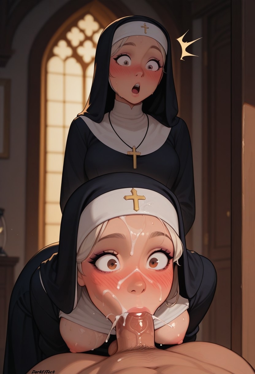 1boy, 2girls, ai generated, bent over, blowjob, blush, breasts, cum, cum in mouth, cum on face, darkeffect, embarrassed, fellatio, female, female focus, front view, light skin, light-skinned female, lips, male, nun, nun outfit, oral, shocked, sinner, small breasts