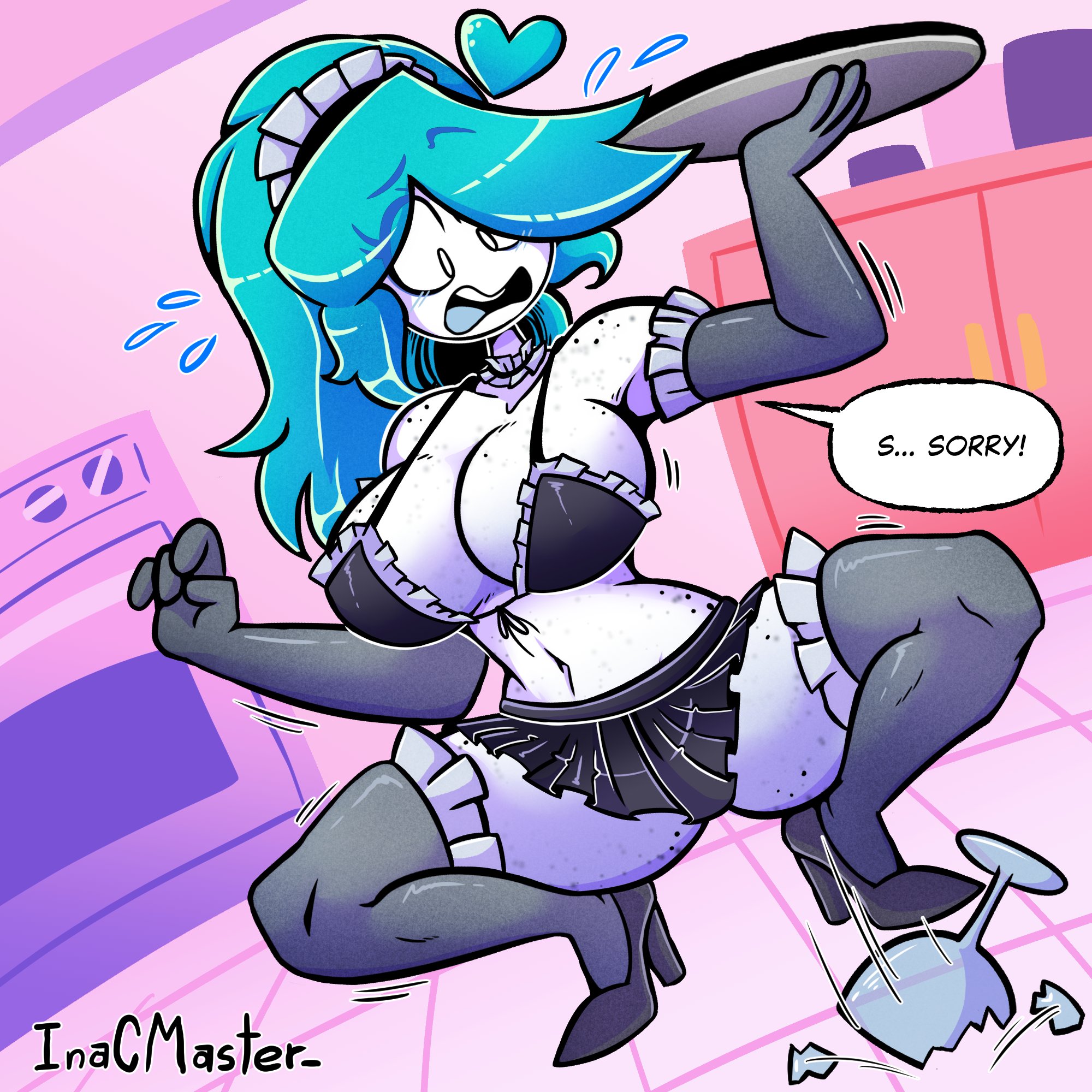 aqua hair, breasts, cleavage, female, huge breasts, inacmaster, large breasts, maid, maid headdress, maid outfit, nerida (inacmaster), tagme