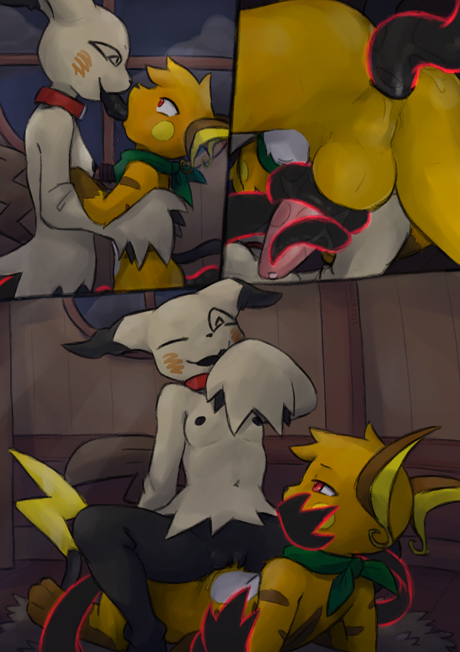 2025, 3 toes, absurd res, anal, anal sex, anthro, anthro on anthro, anthro on bottom, anthro on top, anthro penetrated, anthro penetrating, anthro penetrating anthro, areola, balls, biped, black tongue, breasts, cloud, comic, digital drawing (artwork), digital media (artwork), duo, erection, eye contact, feet, female, female on top, female penetrated, female penetrating, female penetrating male, french kissing, front view, fur, generation 1 pokemon, generation 7 pokemon, genitals, ghost, grey tail, hi res, inside, kissing, looking at another, lying, male, male on bottom, male penetrated, male penetrating, male penetrating female, male/female, mammal, mimi (sealer4258), mimikyu, navel, night, nintendo, nipples, nude, nude anthro, nude female, nude male, on back, on bottom, on top, one eye closed, open mouth, open smile, penetration, penile, penile penetration, penis, penis in vagina, pokemon, pokemon (species), pussy, raichu, red eyes, rodent, sealer4258, sex, sky, small breasts, smile, spiral, spiral eyes, spirit, spread legs, spreading, standing, tail, toes, tongue, vaginal penetration, vulva, window, yellow body, yellow fur