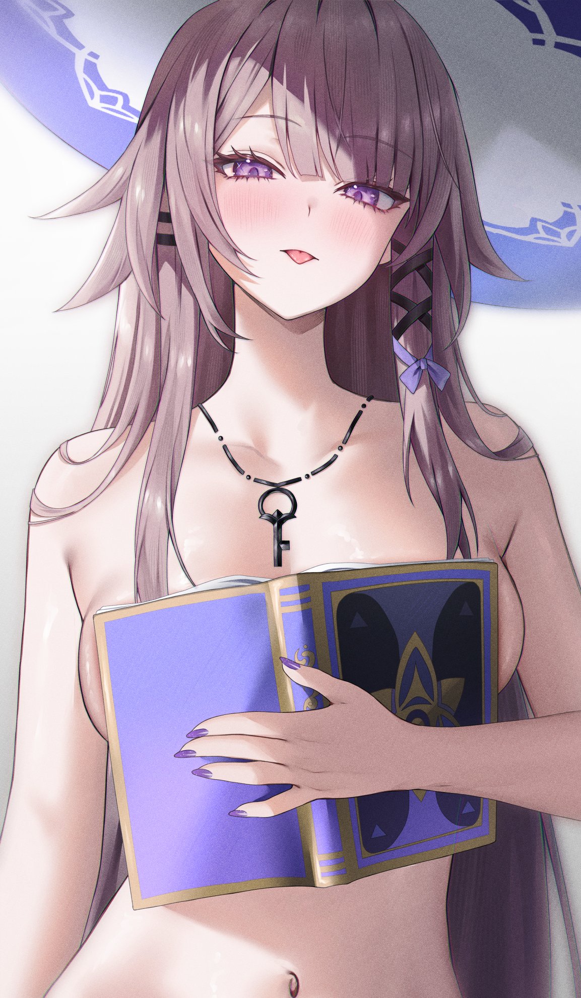 :p, blue hair, blush, boobs in book (meme), book, book on breasts, breasts, brown hair, collarbone, covering breasts, covering privates, duplicate, female, fingernails, hat, herta (honkai: star rail), highres, holding, holding book, honkai (series), honkai: star rail, jewelry, key, key necklace, long hair, looking at viewer, medium breasts, meme, nail polish, navel, necklace, nude, open book, open mouth, purple eyes, purple nails, simple background, solo, stomach, the herta (honkai: star rail), tongue, tongue out, upper body, vitaminechan, white background, witch hat