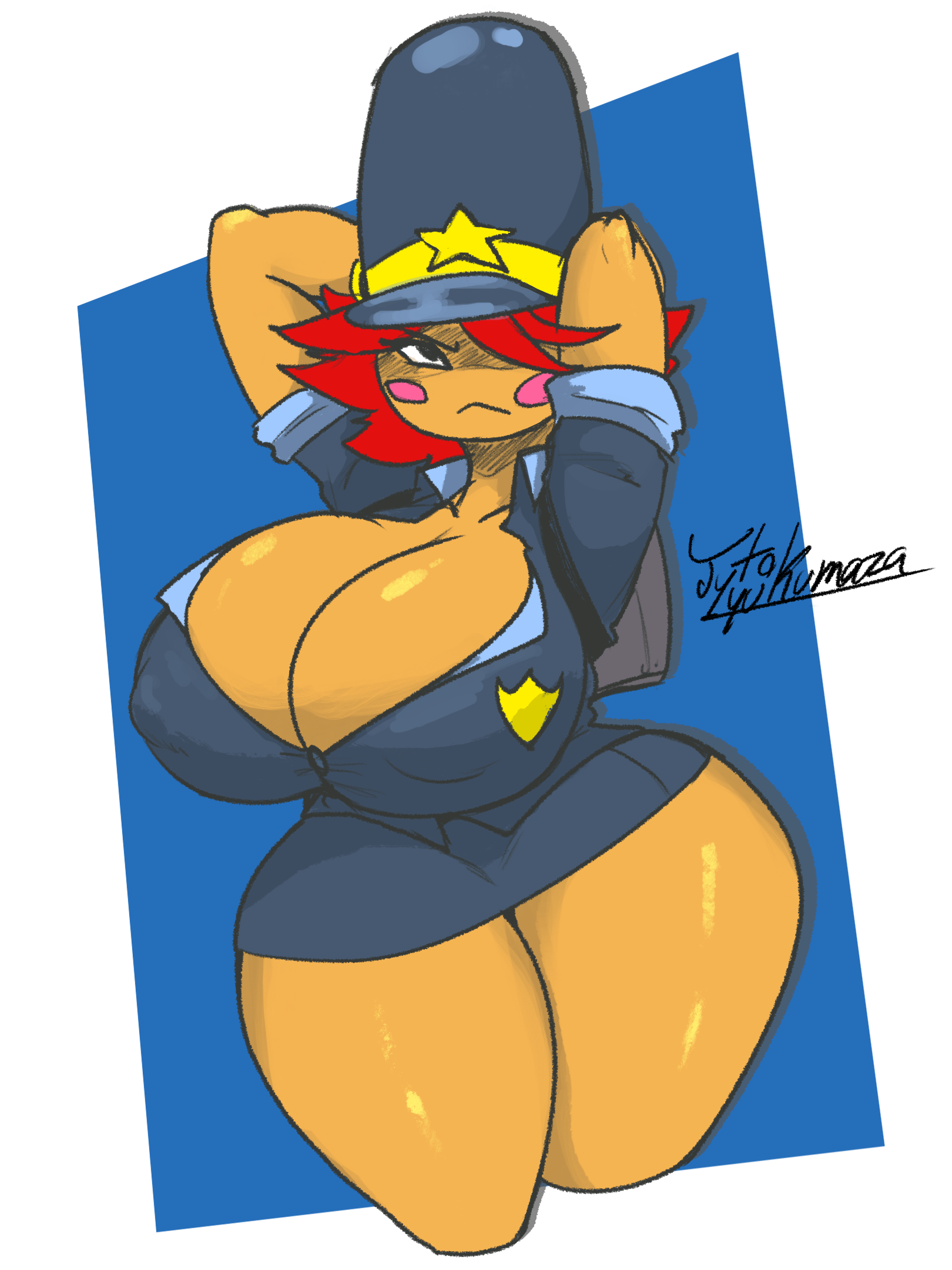 arms behind back, arms behind head, big breasts, breadwinners, breasts, cleavage, female, female only, huge breasts, huge thighs, jetpack, jyto, large breasts, looking at viewer, nickelodeon, police, police uniform, policewoman, rambamboo, red hair, shortstack, solo, tagme, thick thighs, thighs, uniform