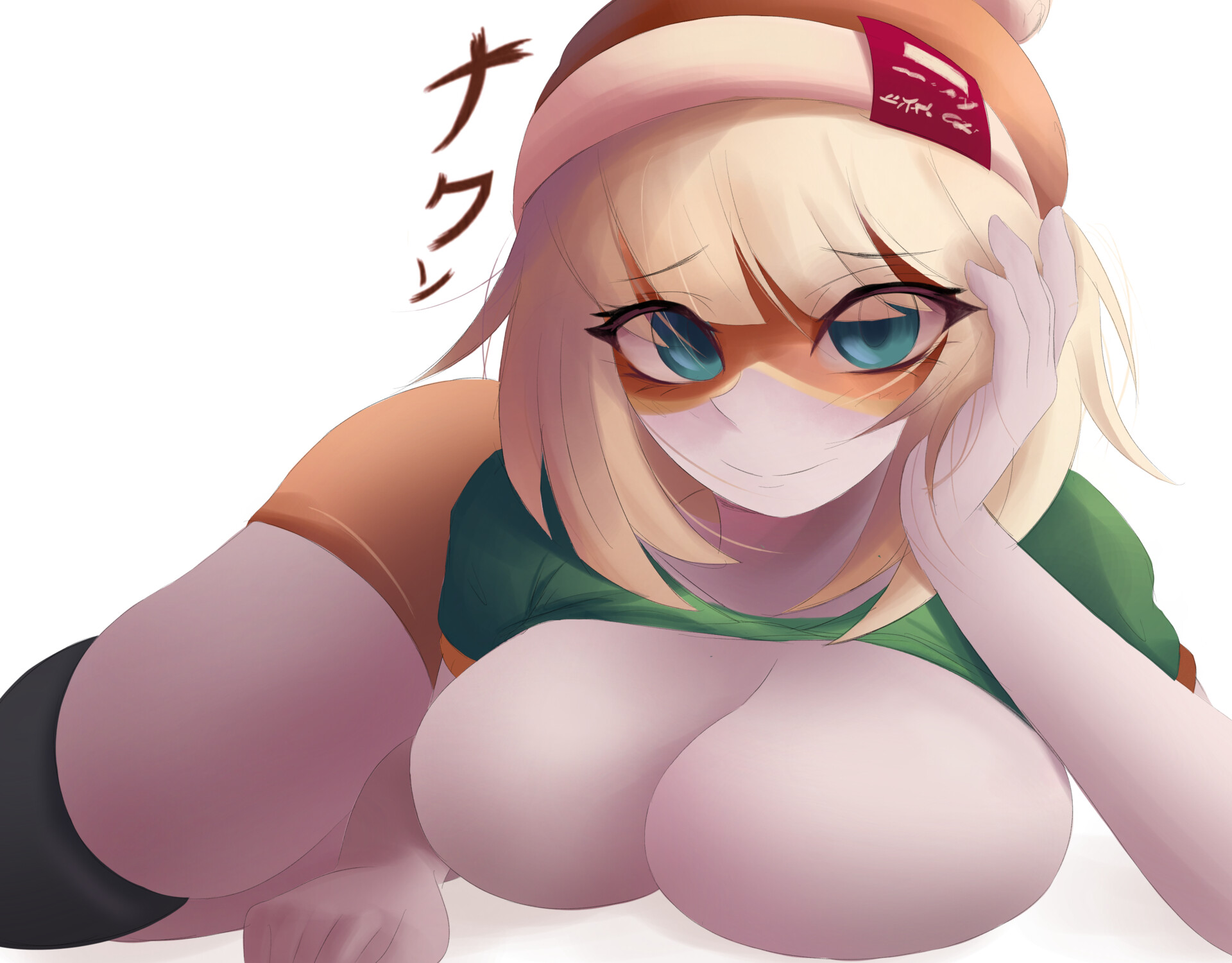 1girls, arms, arms (game), blonde hair, blue eyes, breasts, cleavage, female, large breasts, looking at viewer, min min (arms), naxless, no bra, shirt, shirt lift, simple background, solo, solo female, solo focus, thighhighs, thighs, translation request, white background