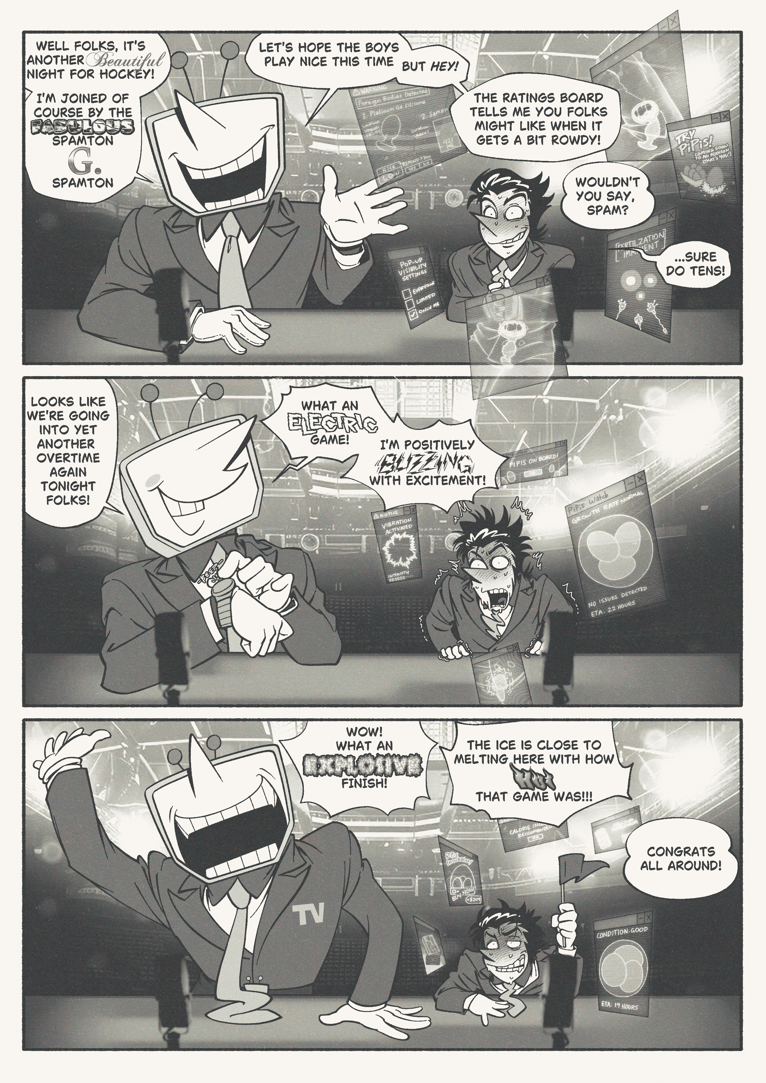 7miles, black and white, breeding, comic, comic page, cuntboy, deltarune, eggnant, english, english dialogue, hidden vibrator, impregnation, livestream, male, male pregnancy, pregnancy, pregnant, pregnant male, spamtenna, spamton g spamton, tagme, tenna (deltarune), text bubble, trans man, transmasc, vibrator, vibrator under clothes