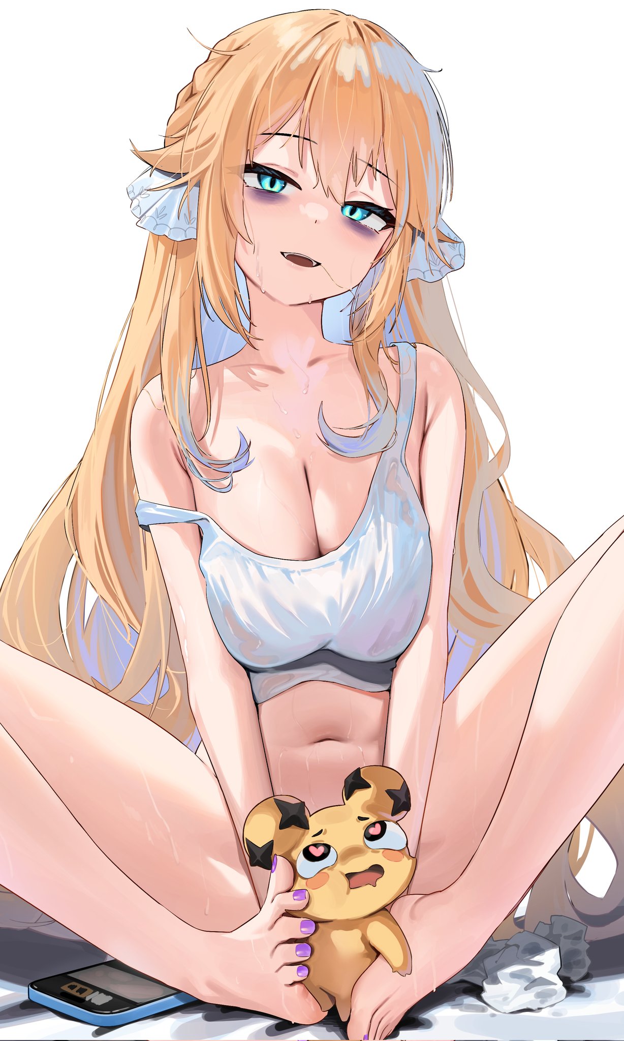 bags under eyes, big breasts, blonde hair, breasts, breasts squeezed together, cleavage, eye bags, feet, feet focus, female, foot focus, footjob, kaneko lumi, large breasts, legs, messy hair, phase connect, phase invaders, shirt down, skai kun, spread legs, sweat, thighs, toes, virtual youtuber, vtuber