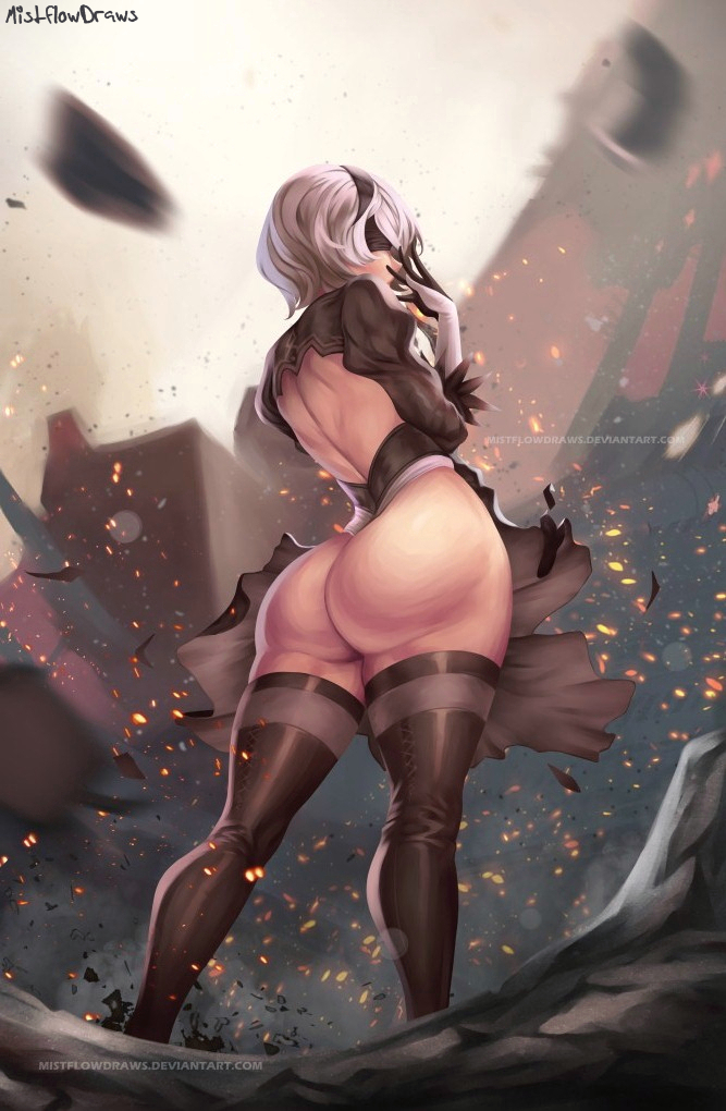 ass, athletic, big ass, big butt, breasts, bubble ass, bubble butt, busty, female, female focus, female only, full body, gloves, hourglass figure, leotard, mistflowdraw, nier: automata, pose, posing, short hair, solo, standing, thick thighs, thigh boots, thong leotard, upskirt, white hair, wide hips, yorha 2b