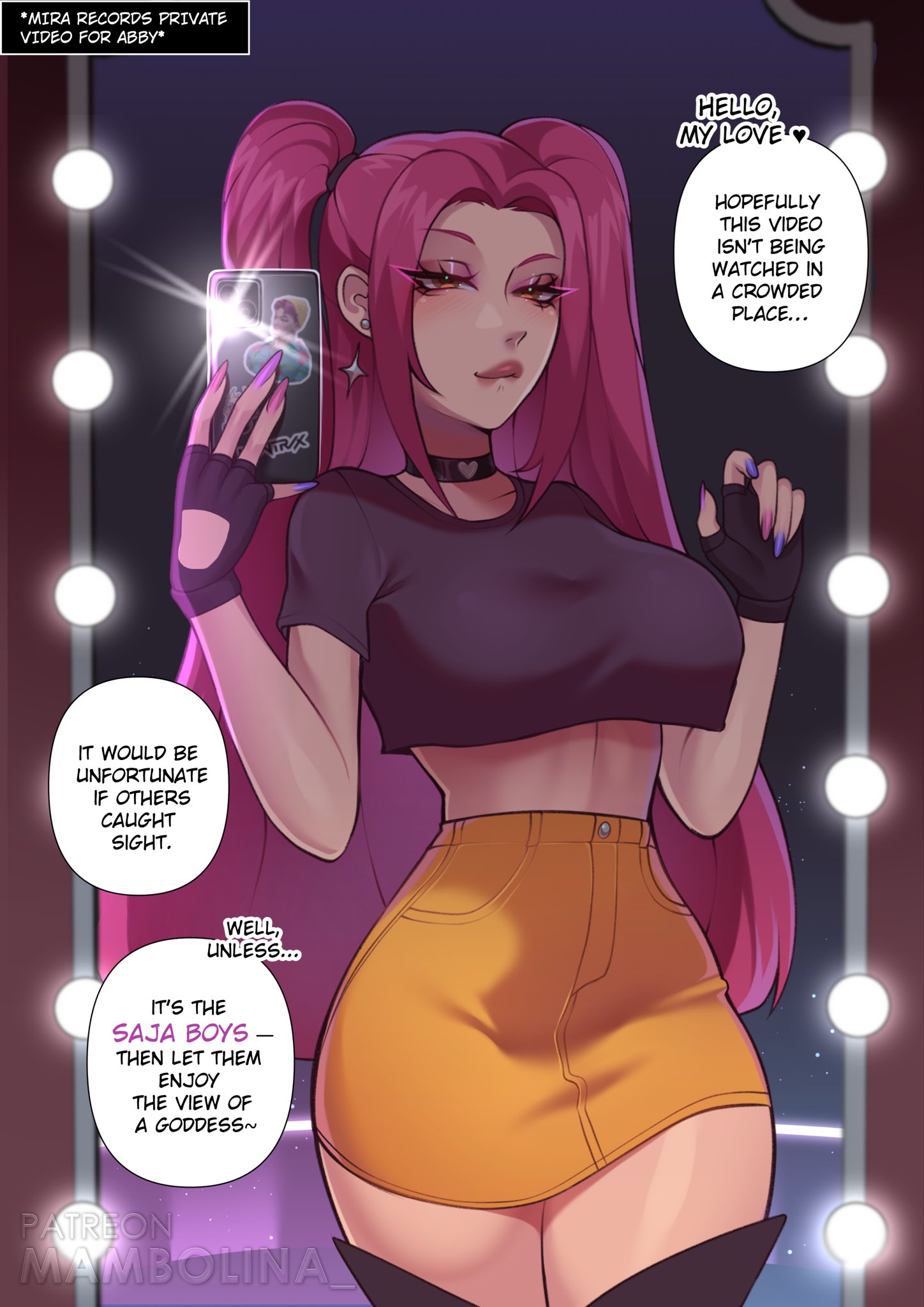 1girls, 2d, big breasts, biting own lip, black boots, black choker, black crop top, boots, breasts, brown eyes, choker, crop top, dialogue, earrings, english text, eyelashes, female, female focus, female only, fingerless gloves, flash, hair, hi res, holding object, holding phone, huntrix, jewelry, kpop demon hunters, light skin, light-skinned female, long hair, mambolina, midriff, mira (kpop demon hunters), multicolored nails, nail polish, nails, orange skirt, patreon, patreon username, phone, pink hair, recording, seductive, skirt, solo, solo female, solo focus, speech bubble, tagme, text, thick thighs, thigh boots, thighhighs, thighs, twintails, watermark