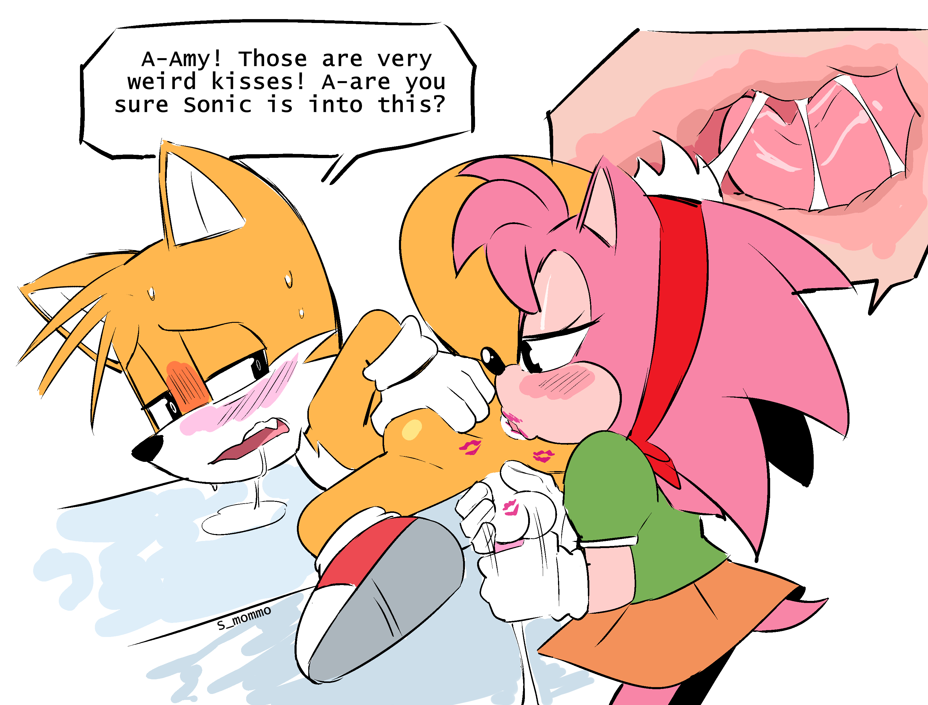 1boy, 1girls, amy rose, classic amy rose, cum, drooling, english text, female, female rimming male, handjob, kiss mark, lipstick, male, miles tails prower, muttgirl, pink lipstick, rimming, rimming male, sega, smommo, sonic (series), sonic the hedgehog (series), speech bubble, tails the fox, text, tongue in anus, x-ray