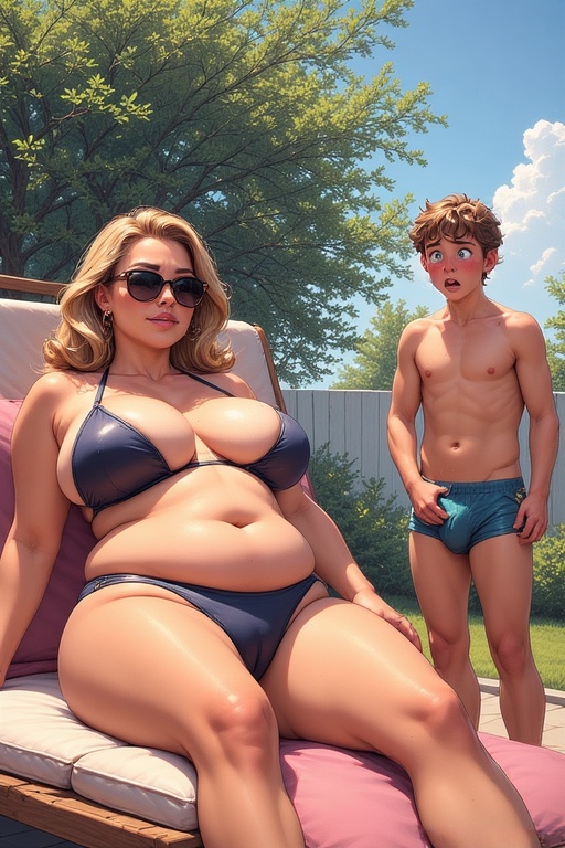age difference, ai generated, big breasts, bikini, breasts, erection, female, male, mature female, mother and son, peeping, swimsuit, watching, younger male
