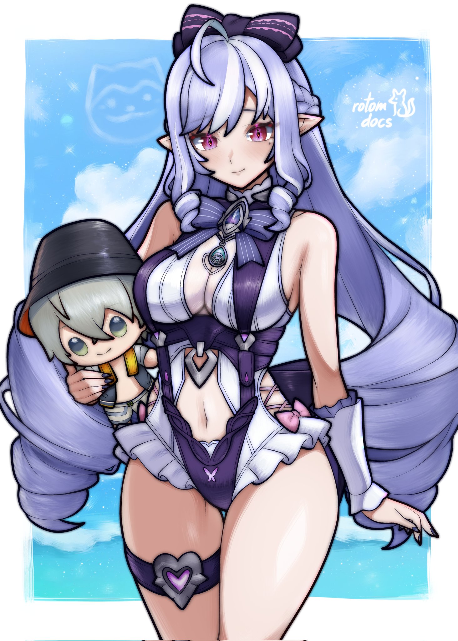 1girls, breasts, exposed breasts, female, hoyoverse, legs, long hair, mihoyo, official alternate costume, purple hair, red eyes, rotomdocs, swimsuit, vivian banshee, vivian banshee (iris of the shore), white swimsuit, wise (zenless zone zero), zenless zone zero
