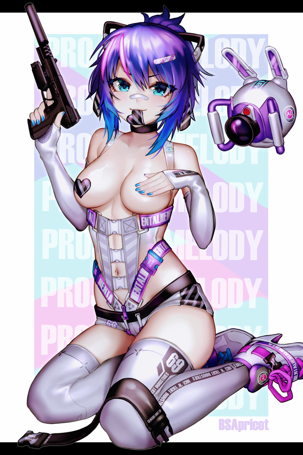 artificial_intelligence bandaid bandaid_on_nose bangs bare_shoulders black_bow black_choker blue_hair blue_nails bow breasts bsapricot choker clavicle closed_mouth clothing copyright_name covering covering_one_breast diagonal_stripes elbow_gloves eyebrows_visible_through_hair female fingerless_gloves firearm five-seven_(gun) gloves green_eyes grey_footwear grey_gloves grey_legwear gun hair_between_eyes hair_ornament hairbow hairclip handgun heart high_heels high_resolution holding holding_gun holding_weapon letterboxed medium_breasts melody_(projektmelody) mouth_hold multicolored_hair nail_polish navel pink_hair pistol projektmelody purple_hair robot shoes short_hair sidelocks sitting smile solo streaked_hair striped suppressor t0m_(projektmelody) thighhighs virtual_youtuber vshojo weapon yokozuwari