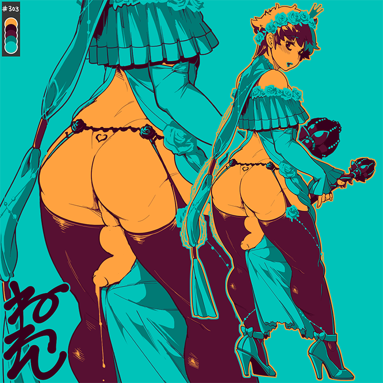 ass balls cock-tail crossdressing crown dress exposed_shoulders femboy flower_crown garter_belt garter_straps girly high_heels lipstick male male_focus male_only neone-x penis precum rumi_(neone-x) scepter sleeves tattoo thick_thighs thighhighs trap uncut