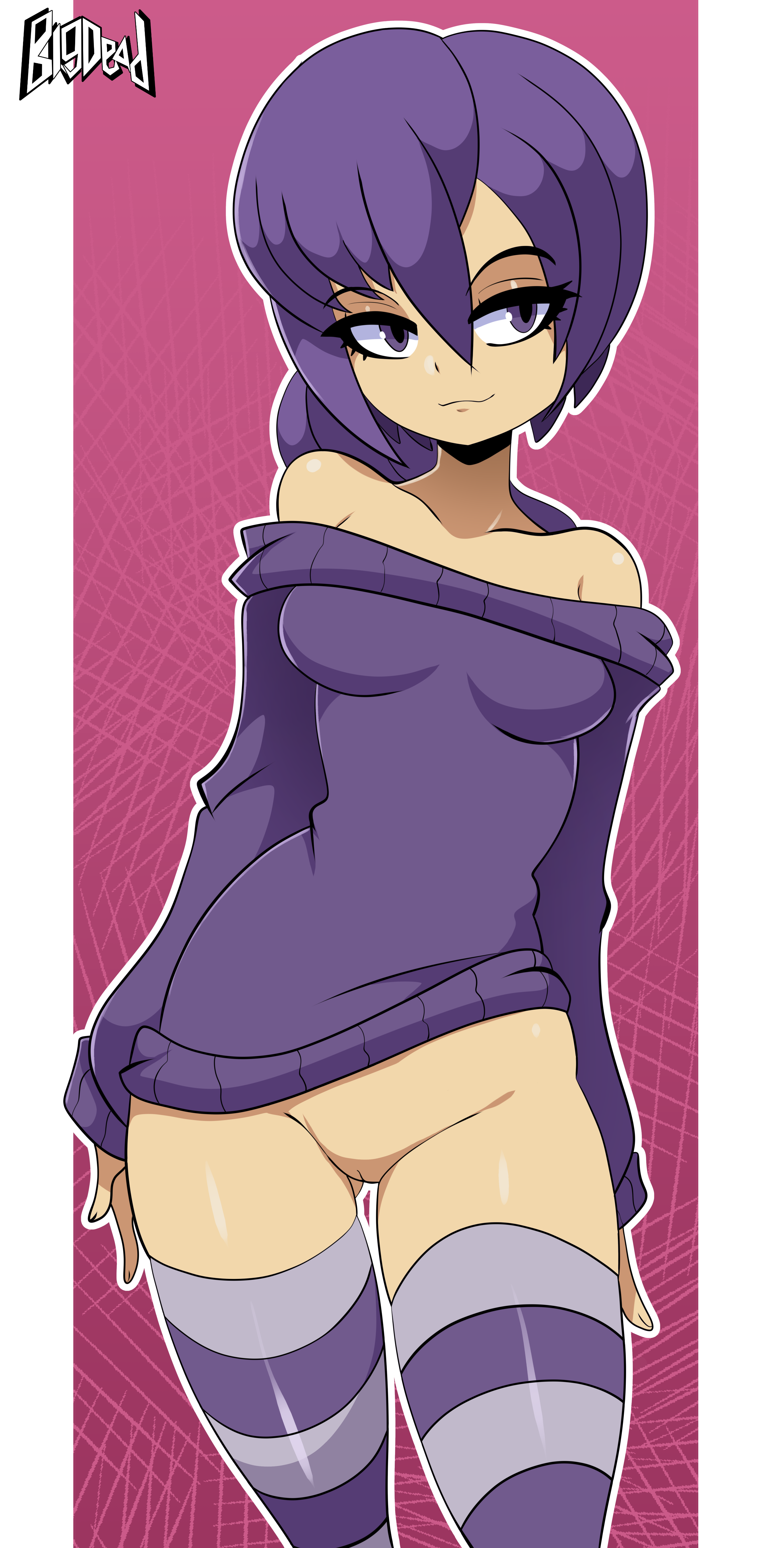 absurd res, bigdeadalive, female, nixi, ponytail, purple eyes, purple hair, pussy, sweater, tagme