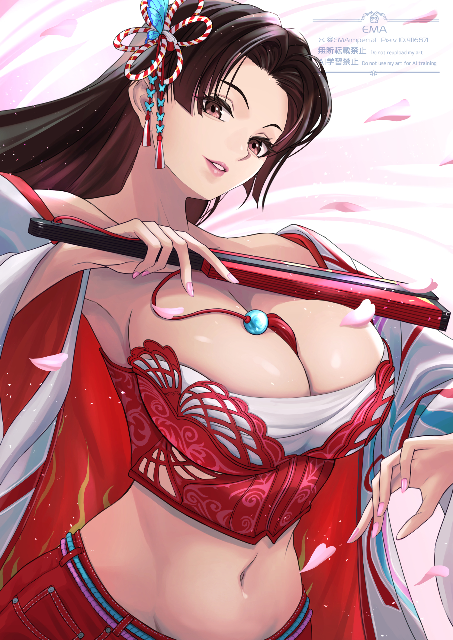 1girls, alternate costume, bare shoulders, blunt bangs, breasts, brown hair, cleavage, ema (emaura), falling petals, fatal fury, female, female only, folding fan, hand fan, highres, holding, holding fan, king of fighters, large breasts, long hair, looking at viewer, mai shiranui, midriff, navel, official alternate costume, official alternate hairstyle, parted bangs, parted lips, petals, pink petals, smile, snk, solo, street fighter, street fighter 6
