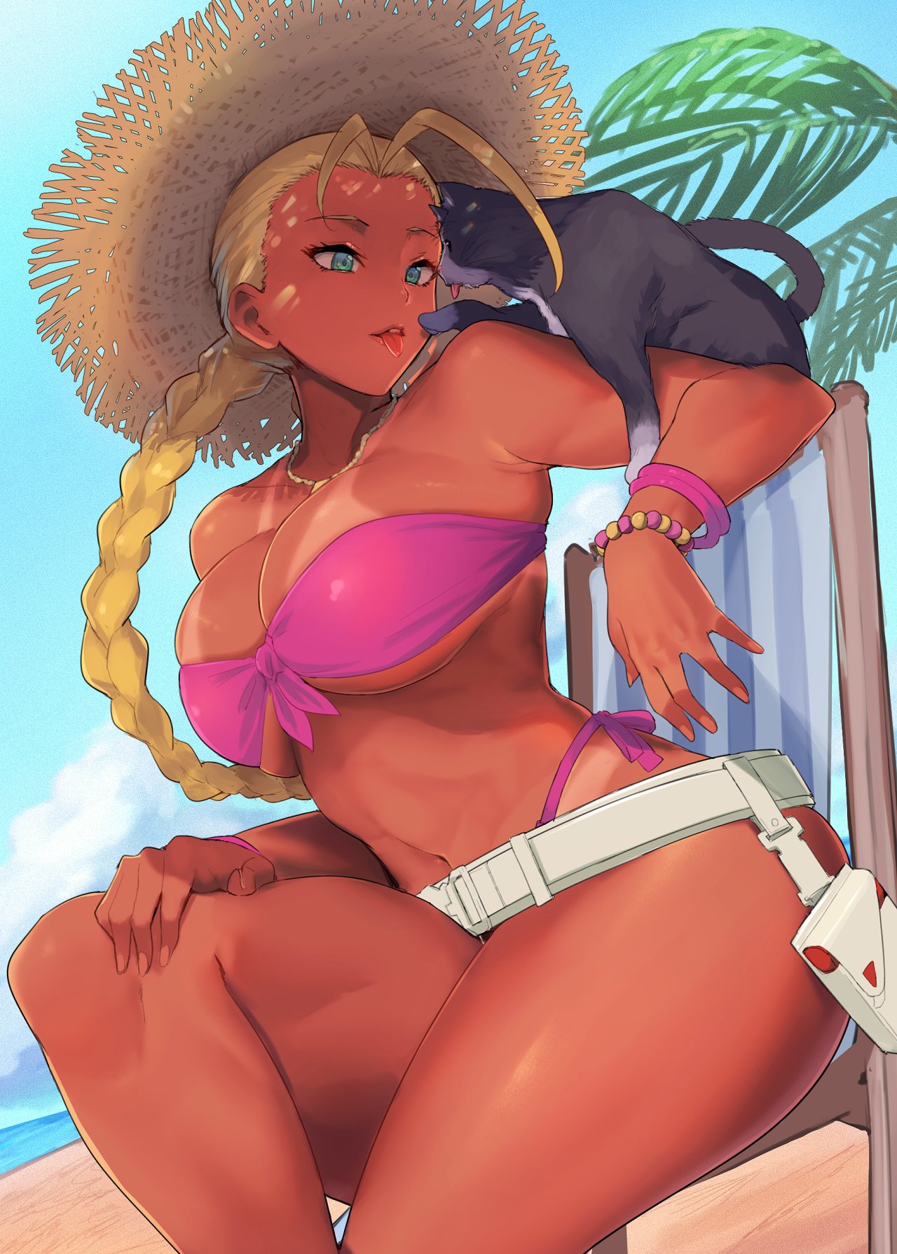 1girls, aqua eyes, beach, belt, bikini, bikini tan, blonde hair, blue sky, bracelet, braid, braided ponytail, breasts, cammy white, chair, day, deck chair, feline, female, female only, folding chair, front-tie bikini top, front-tie top, hand on lap, hashtag-only commentary, hat, highres, jewelry, large breasts, long hair, looking at animal, madsensei, navel, outdoors, pink bikini, side-tie bikini bottom, sitting, sky, solo, strapless, strapless bikini, straw hat, street fighter, sun hat, swimsuit, tan, tan skin, tanlines, tongue, tongue out, tuxedo cat, white belt