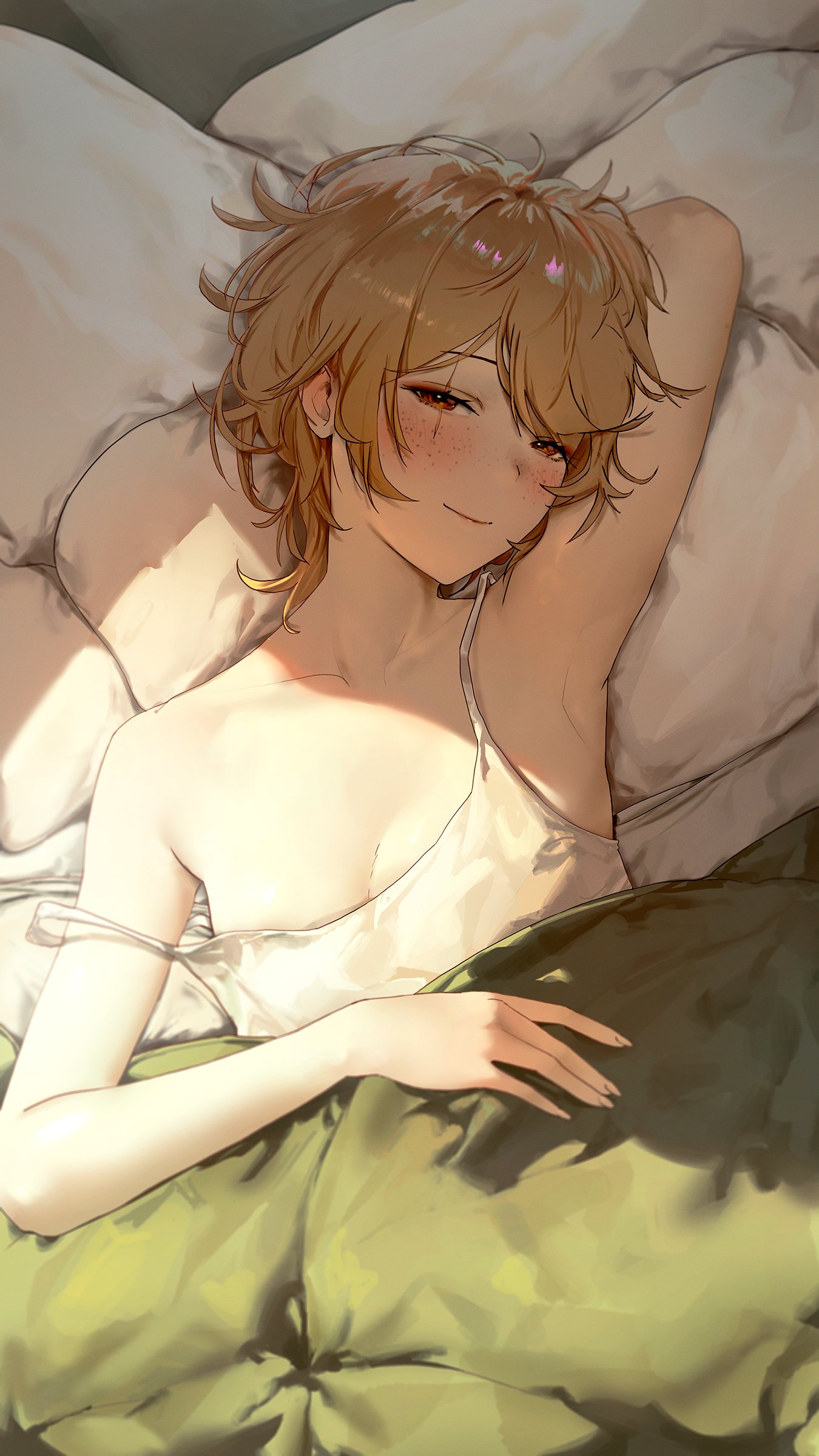 armpits, bed, breasts, brown hair, clio aite, female, flat chest, hag, in bed, looking at viewer, mature female, mn374390, morning, morning after, older female, phase connect, phase invaders quest, scar, scar on face, shirt pull, short hair, small breasts, smile, virtual youtuber, vtuber, waking up