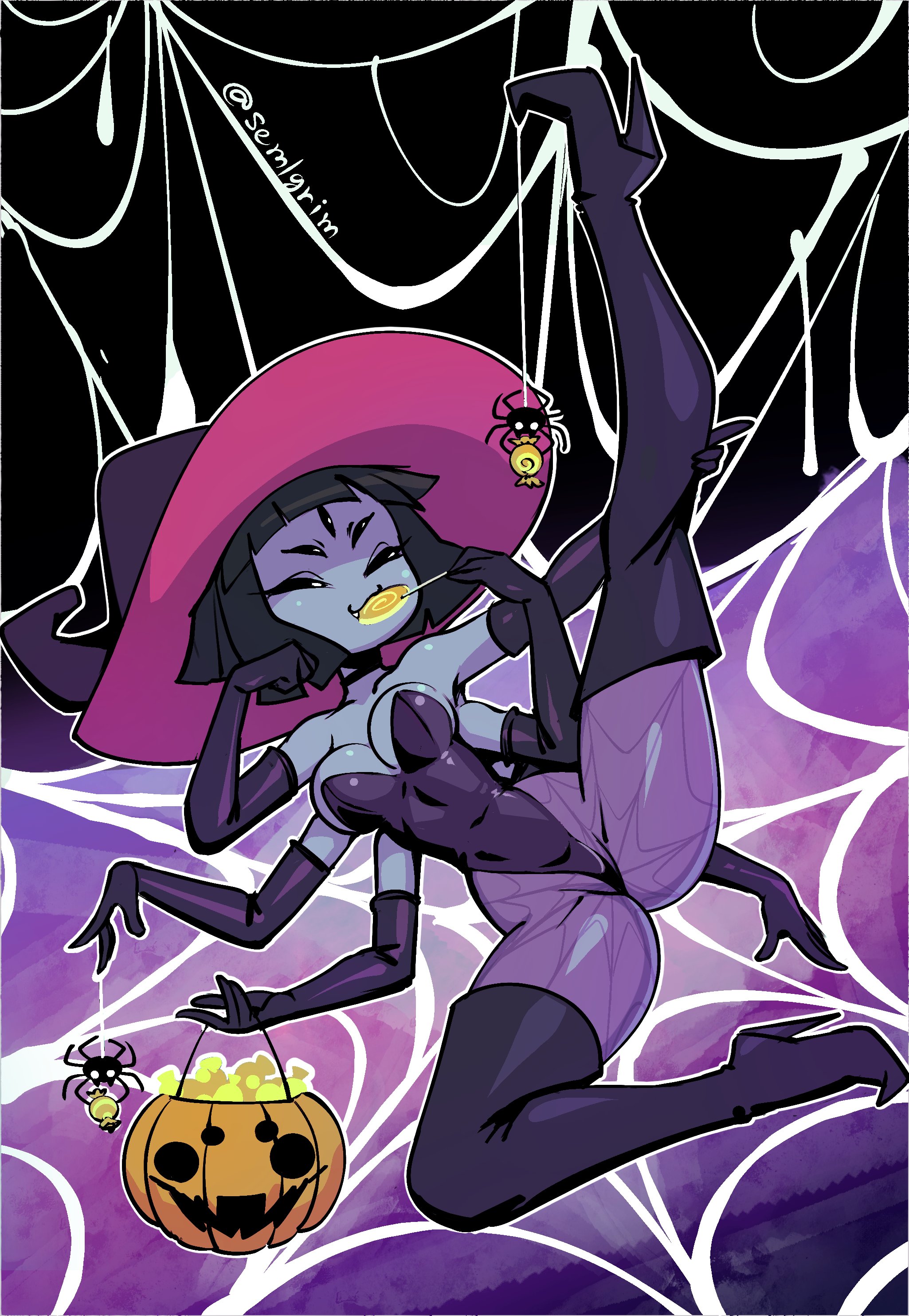 5 eyes, bewitching thighs, big breasts, boots, breasts, candy, clothed, clothing, female, fuck me boots, halloween, halloween costume, high heel boots, high heels, lollipop, monster girl, muffet, pumpkin, pumpkin head, sem-l-grim, spider, spider girl, spider web, thick thighs, thigh boots, thigh high boots, undertale, undertale (series), witch, witch hat