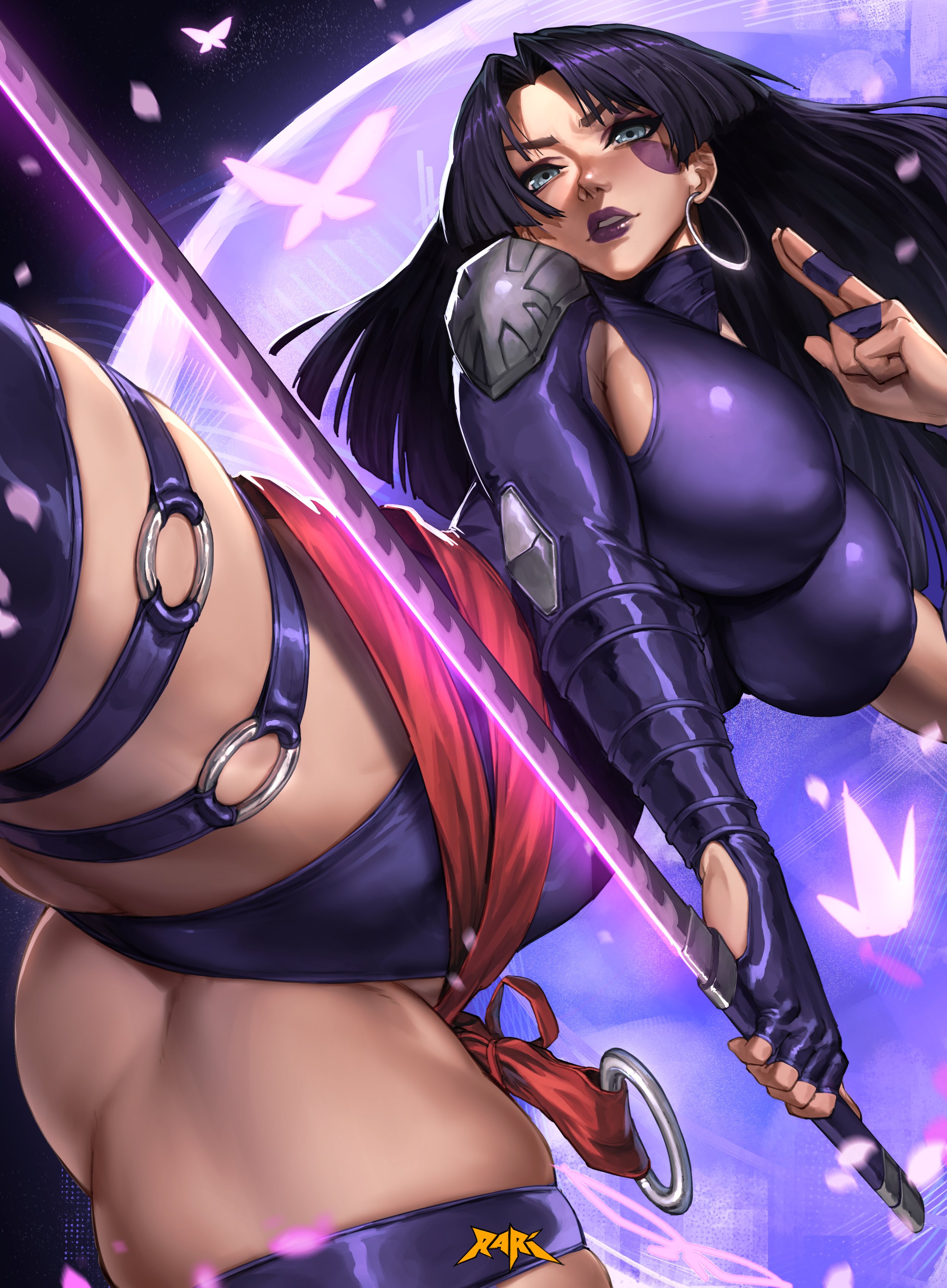 1girls, absurdres, ass, big breasts, black hair, breasts, clothed, earrings, elbow gloves, female, female only, gloves, highleg, highleg leotard, highres, holding, holding sword, holding weapon, jewelry, large breasts, leotard, long hair, looking at viewer, marvel, marvel comics, marvel rivals, moon, psylocke, psylocke (sai) (vengeance), purple eyes, purple leotard, sash, solo, spunkyramaz, superhero costume, sword, thick thighs, thighhighs, thighs, weapon, x-men