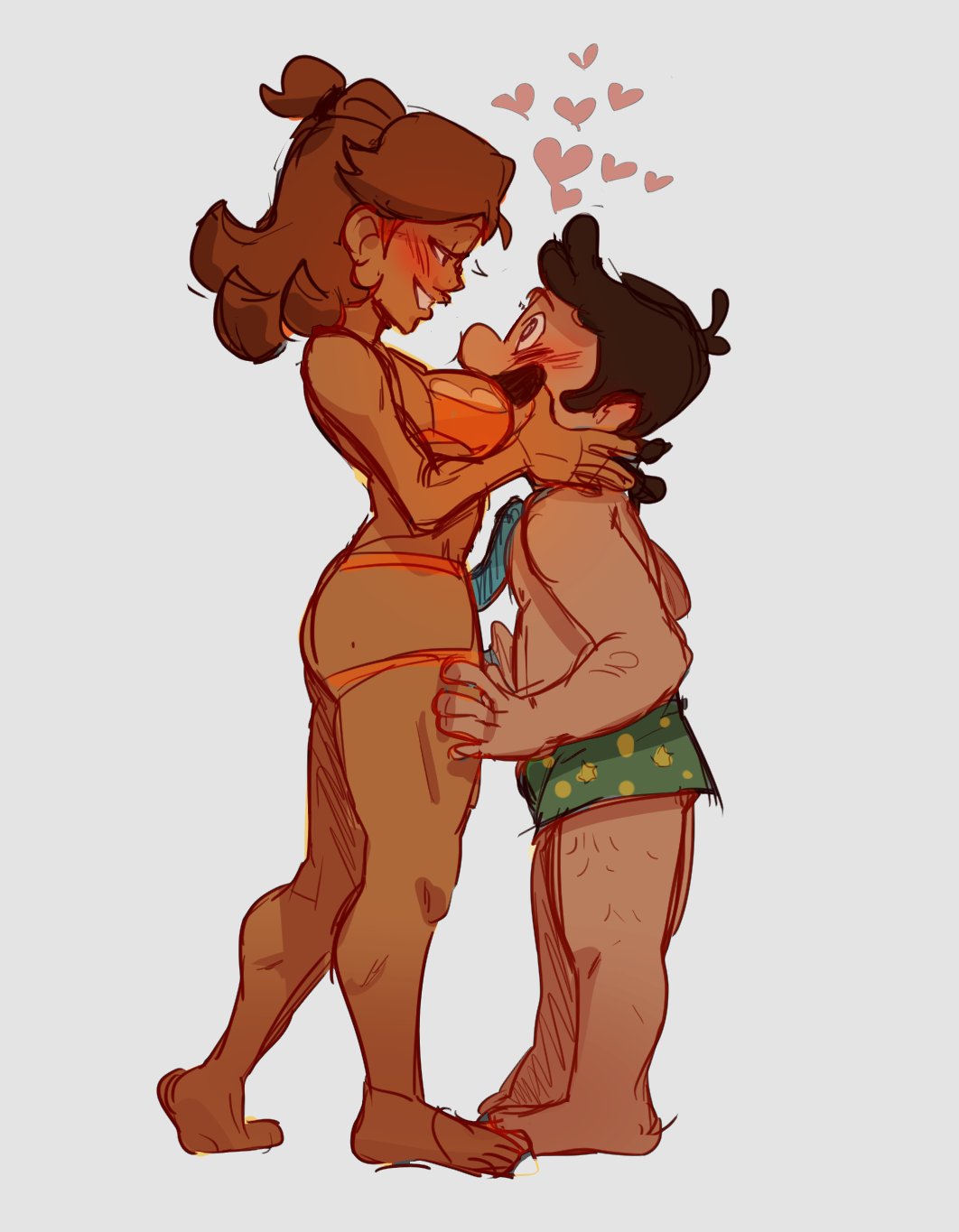 1boy, 1girls, almspice, blush, bra, breasts, brown hair, canon couple, clothing, couple, duo, eye contact, face on breast, feet, female, full body, green shorts, hand on face, heart, height difference, looking at another, luigi, male, male/female, mario (series), mature, mature female, mature male, nintendo, princess, princess daisy, royalty, short hair, shorter male, shorts, smiling, strap-on, strap-on dildo, strapon, taller female, white background, wholesome