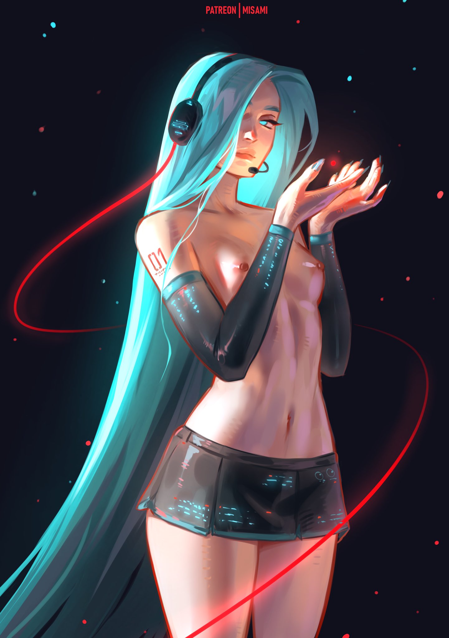 1girl, 1girls, aqua eyes, aqua hair, black skirt, blue eyes, breasts, breasts out, detached sleeves, female, female only, hair down, hair over one eye, hatsune miku, headphones, headset, long hair, miniskirt, misami, nail polish, navel, nipples, no shirt, perky breasts, perky nipples, pinup, skirt, small breasts, solo, tattoo, tiny breasts, topless, very long hair, vocaloid
