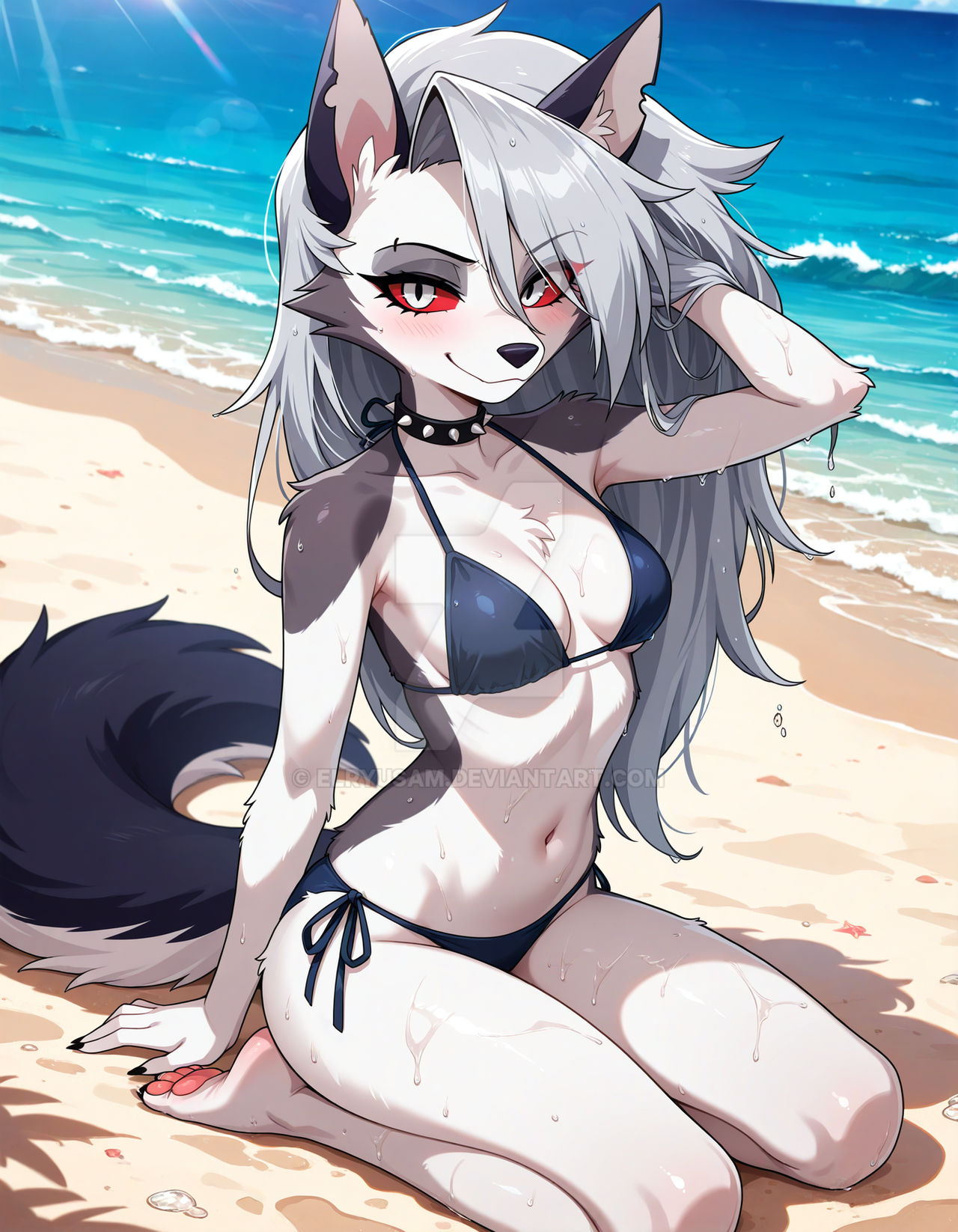 2025, ai generated, beach background, belly, blue bikini, deviantart, elryusam, female, furry female, furry only, gesturing at viewer, helluva boss, kneeling on floor, looking at viewer, loona (helluva boss), smile at viewer, smiling at viewer, tummy, vivziepop, wet body, wolf girl, wolf only, youtube