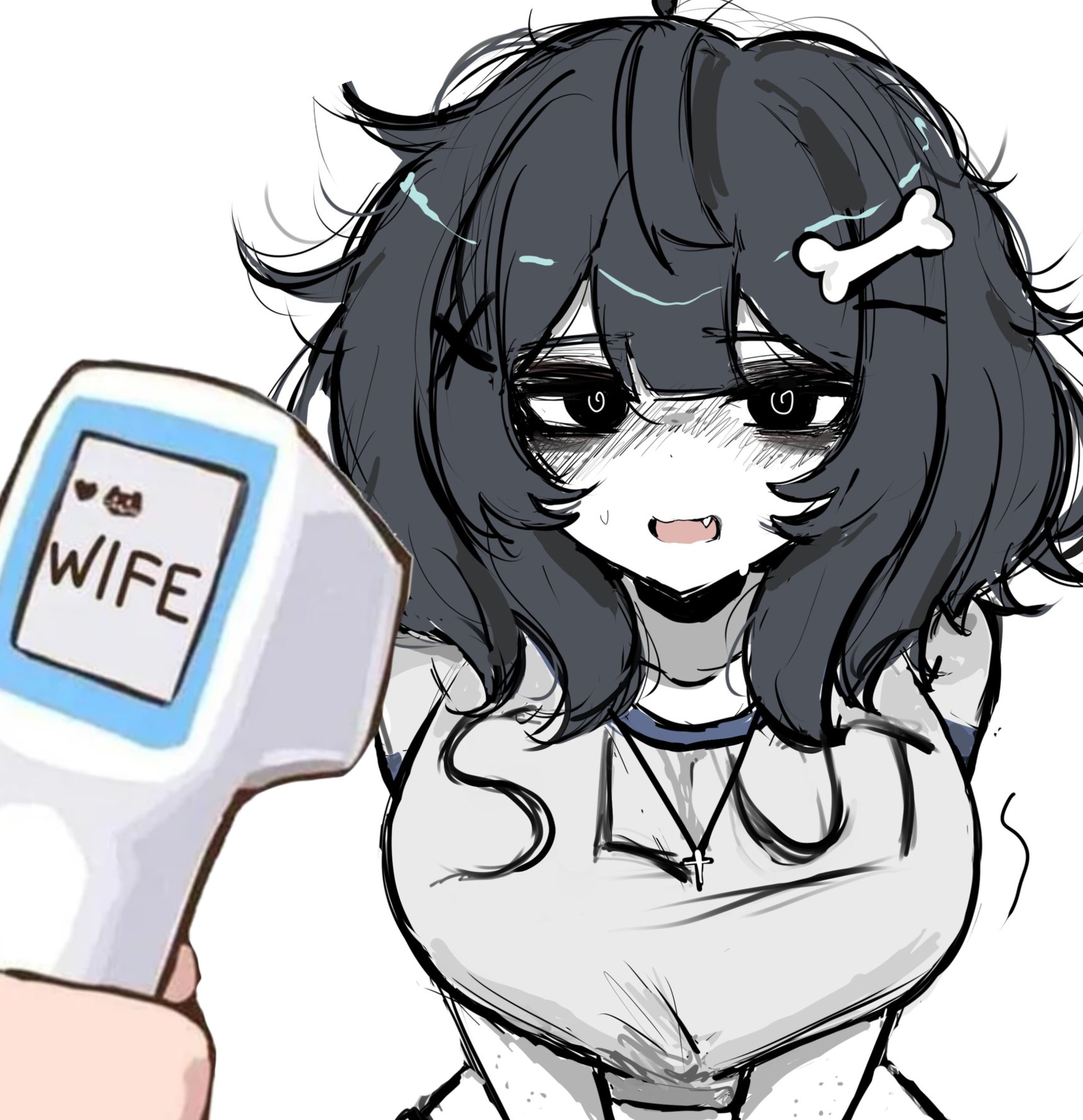 1girls, big breasts, black hair, breasts, cat detector (meme), female, holding object, huge breasts, mizu (yourmizuki), tagme, thick thighs, yourmizuki