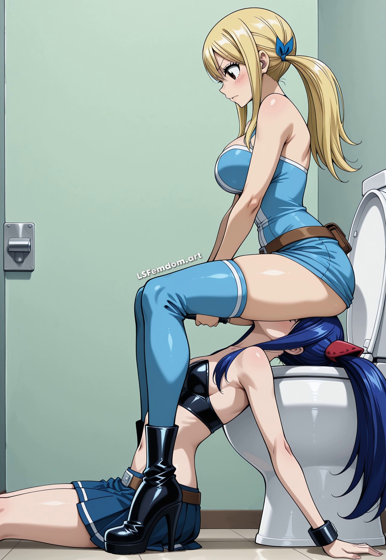 2girls, ai generated, ass on face, blonde hair, blonde-haired female, blue hair, blue-haired female, face sitting, facesitting, fairy tail, female, fetish, human chair, human furniture, human toilet, humiliation, kinky, lesbian domination, lezdom, lsfemdomart, lucy heartfilia, scat, sitting on face, toilet slave, wendy marvell