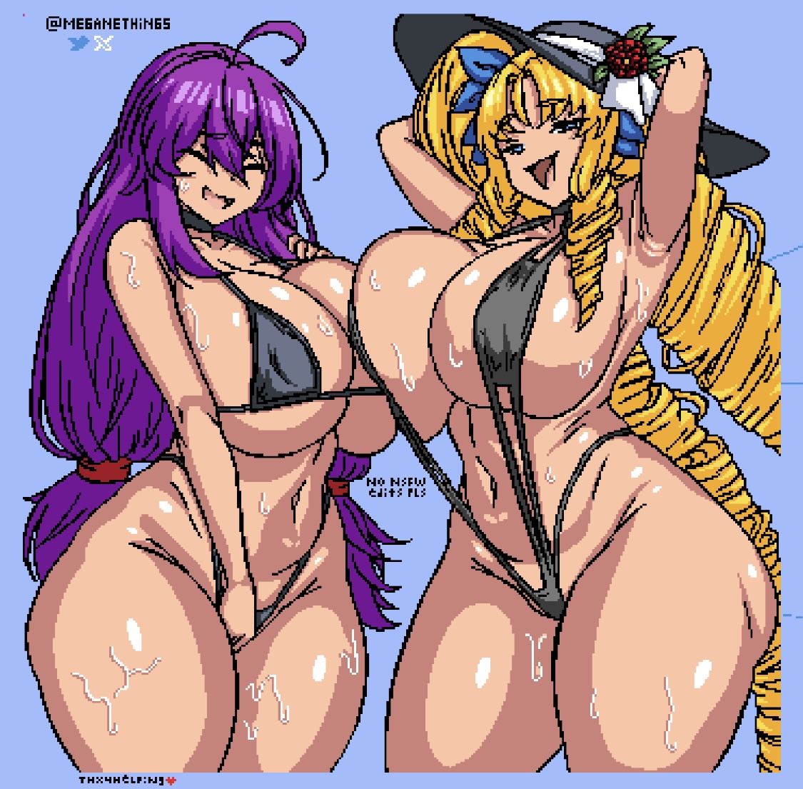 2girls, arms up, bikini thong, breasts, covered nipples, female, huge breasts, pixel art, sweatdrop, wplace