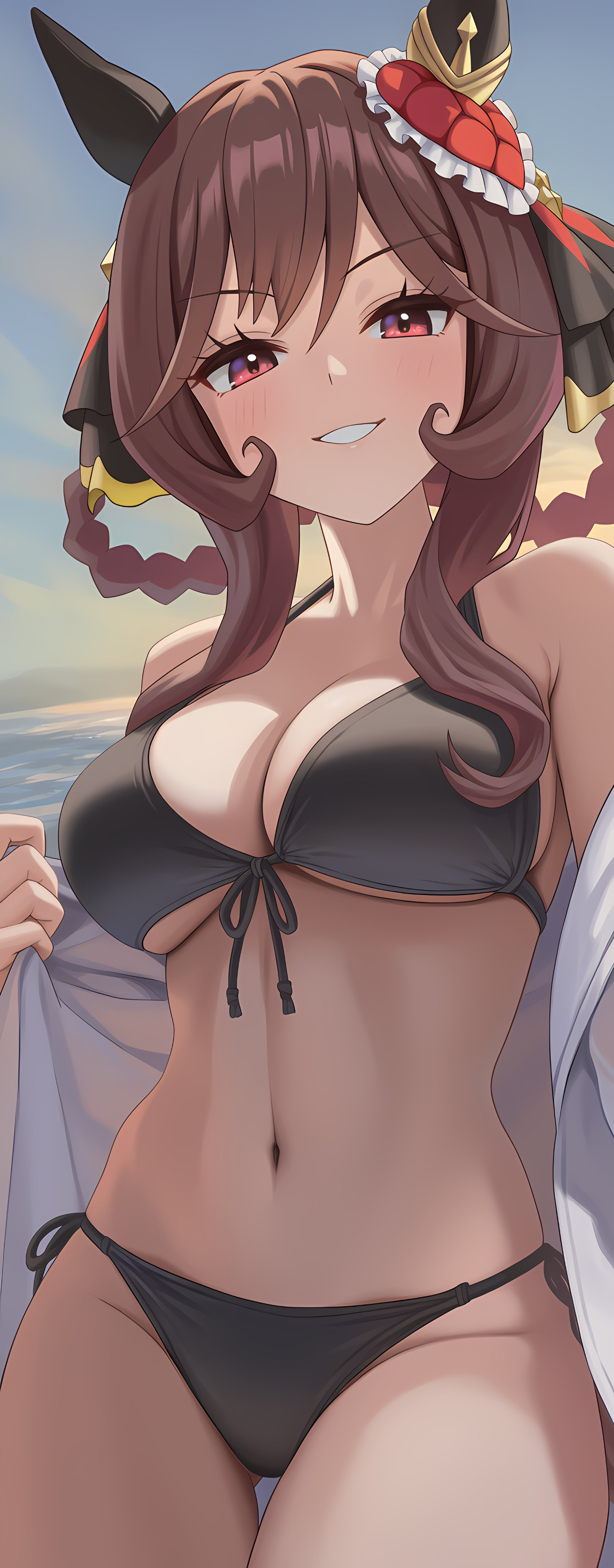 belly, black bikini, breasts, female, gentildonna (umamusume), large breasts, looking at viewer, smile, umamusume