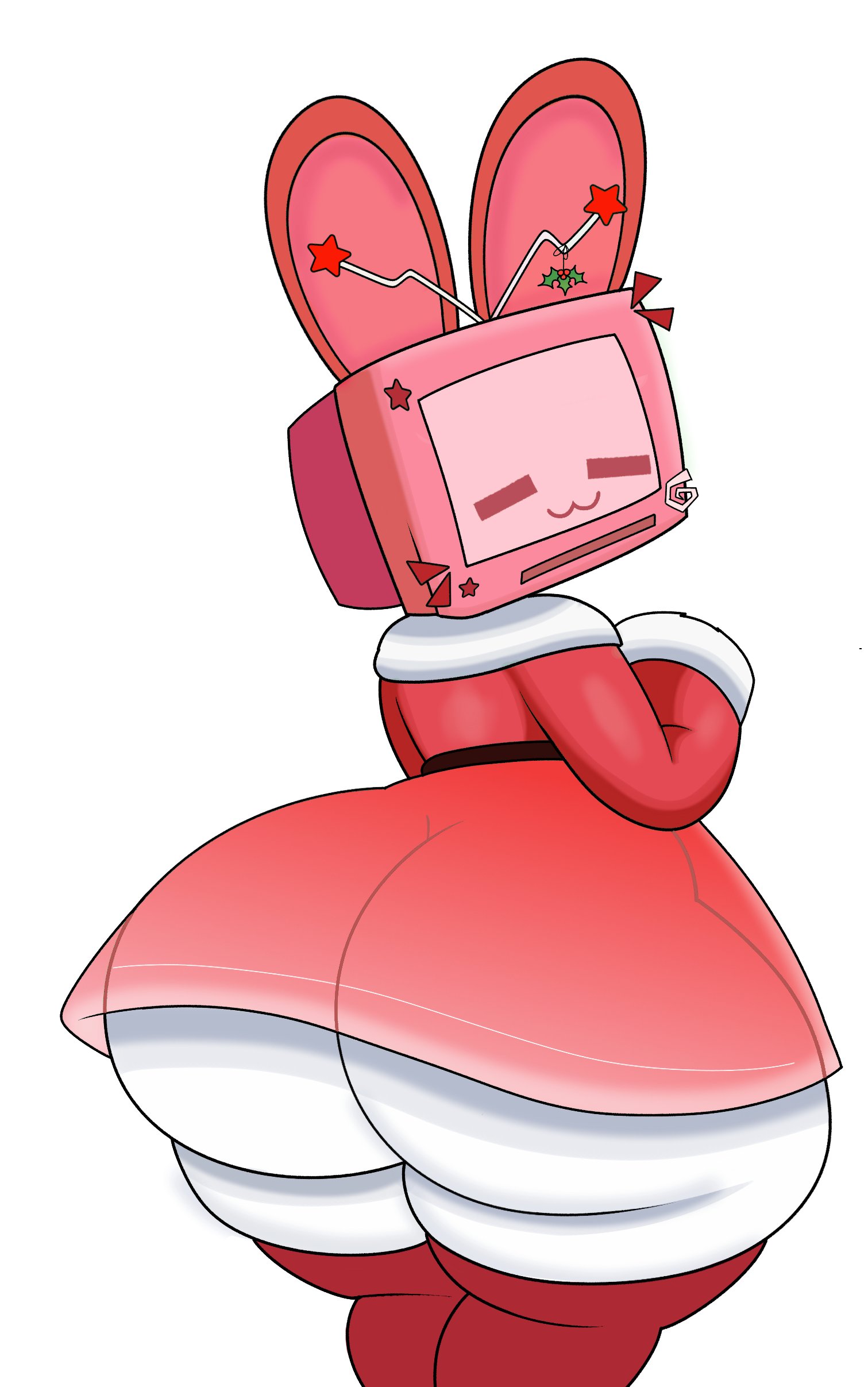 :3, ambiguous gender, antenna, antennae, ass, ass bigger than head, big ass, christmas, christmas outfit, closed eyes, dat ass, dress, fat ass, for a head, huge ass, jutsapostion, large ass, mistletoe, no panties, rabbit ears, red clothing, silvy (silvythetvbunny), smile, solo, thighhighs, transparent clothing, tv, tv head