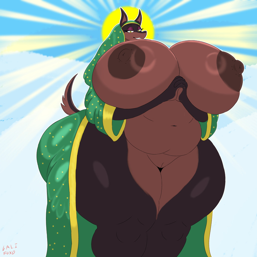 1:1, 2025, 2d, 2d (artwork), absurd res, anthro, areola, ass, big breasts, biped, breasts, breasts bigger than head, brown body, brown nipples, butt from the front, canid, canine, canis, clothing, doberman, domestic dog, female, female only, gali foxo, genitals, hi res, high quality, high resolution, huge breasts, huge thighs, humanoid genitalia, hyper breasts, laverne (sssonic2), mexico, milf, nipples, our lady of guadalupe, pussy, religion, religious clothing, slightly chubby, tagme, thick thighs, virgin mary, vulva