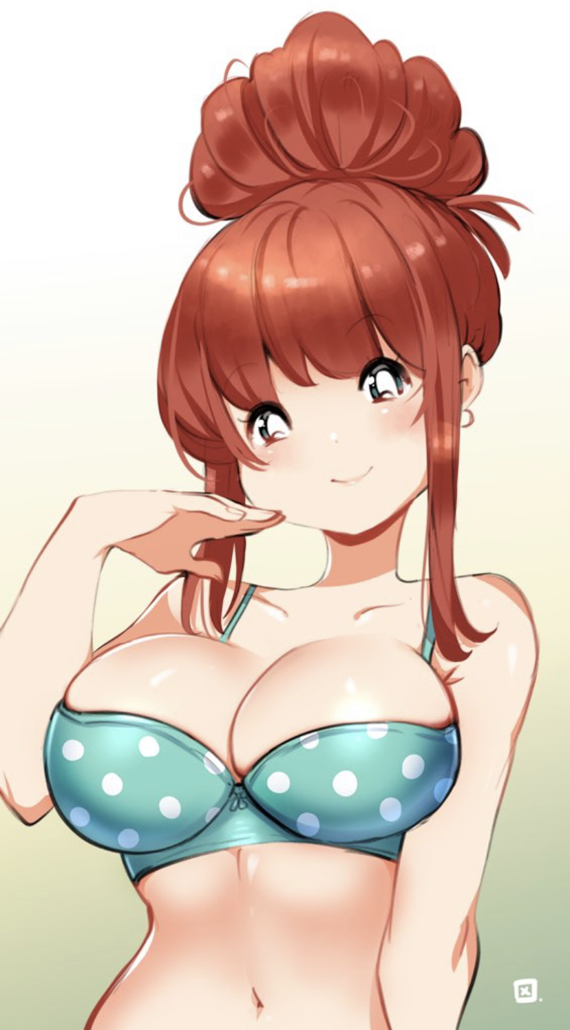 1girls big_breasts bikini_top blue_eyes bra breasts cleavage clothed clothed_female clothing colored earrings female female_focus female_only happy hourglass_figure human kenron_toqueen large_breasts light_skin midriff oc original original_character polka_dot red_hair simple_background smile solo solo_female solo_focus tomatita upper_body white_background