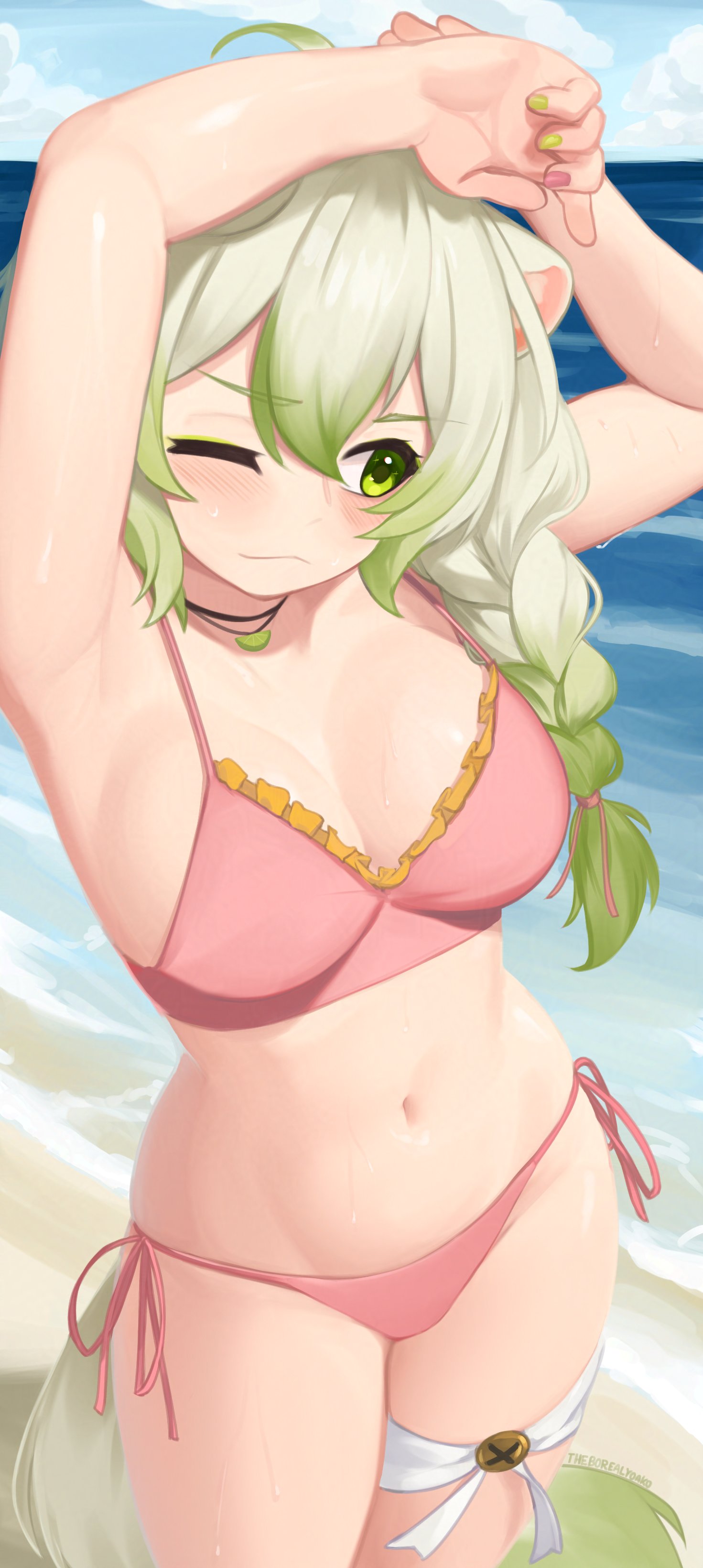 1girls, animal ears, armpits, arms up, beach, bikini, boreal yoako, braid, braided ponytail, breasts, cleavage, female, indie virtual youtuber, laimu, laimu (summer), necklace, summer, sweat, sweatdrop, tail, thighs, tummy, virtual youtuber, vtuber, water