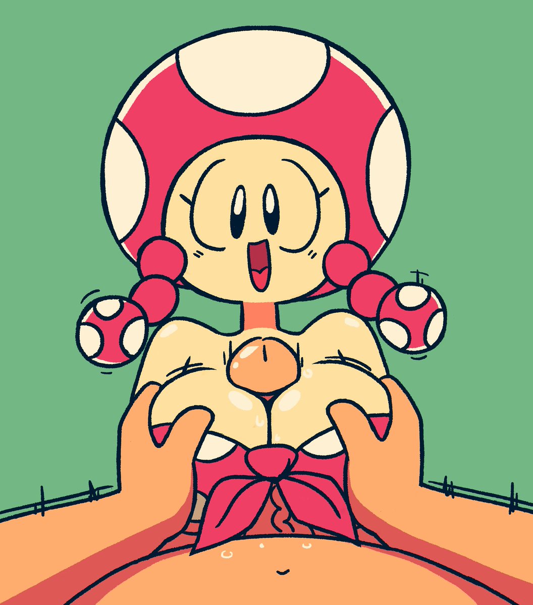 1boy 1girls beige_skin big_breasts bimbo black_eyes bra breast_grab breast_squeeze breasts busty cleavage cute duo faceless_male female green_background hands_on_breasts huge_breasts humanoid large_breasts looking_at_viewer male mario_(series) mob_face motion_lines mushroom nintendo no_nose open_mouth outercourse paizuri pale_skin penis penis_between_breasts pov simple_background skimpy_clothes smile straight toadette twintails yopy