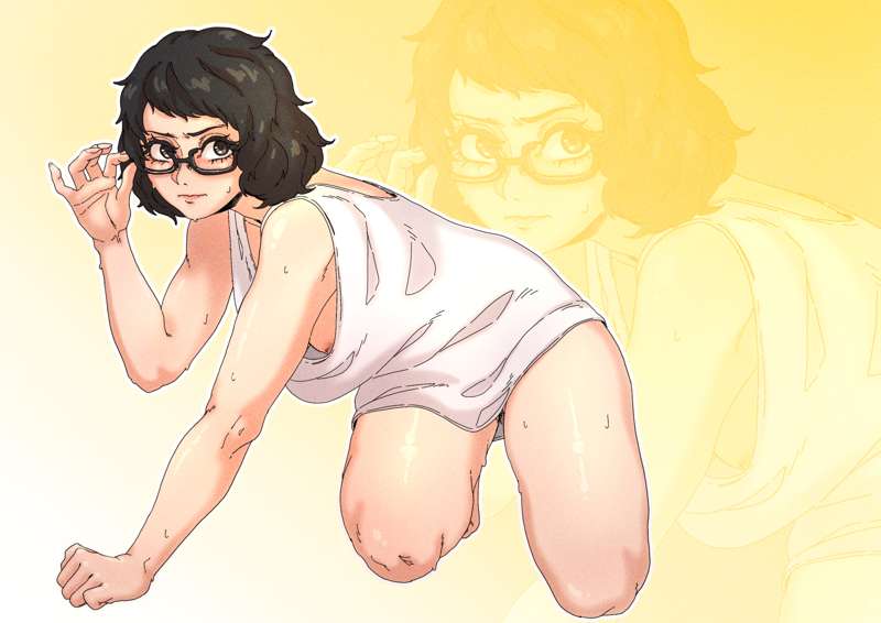 breasts, brown eyes, brown hair, brown nipples, bush, chuckuddin, clothed, down on knees, downblouse, female, glasses, kawakami sadayo, naked, naked female, nervous, nervous sweat, nipples, nipples out, nipples visible through clothing, older female, on all fours, on knees, persona, persona 5, pubes, pubic hair, realistic breast size, realistic proportions, sadayo kawakami, simple background, simple shading, teacher