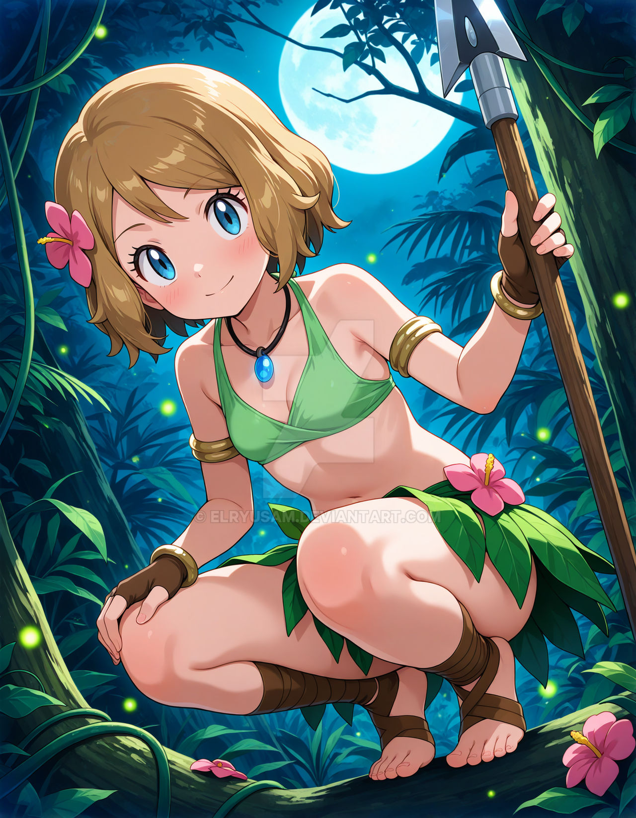 1girls, ai generated, elryusam, female, female only, jungle, night, nintendo, pokemon, serena (pokemon), solo, spear, teenage girl