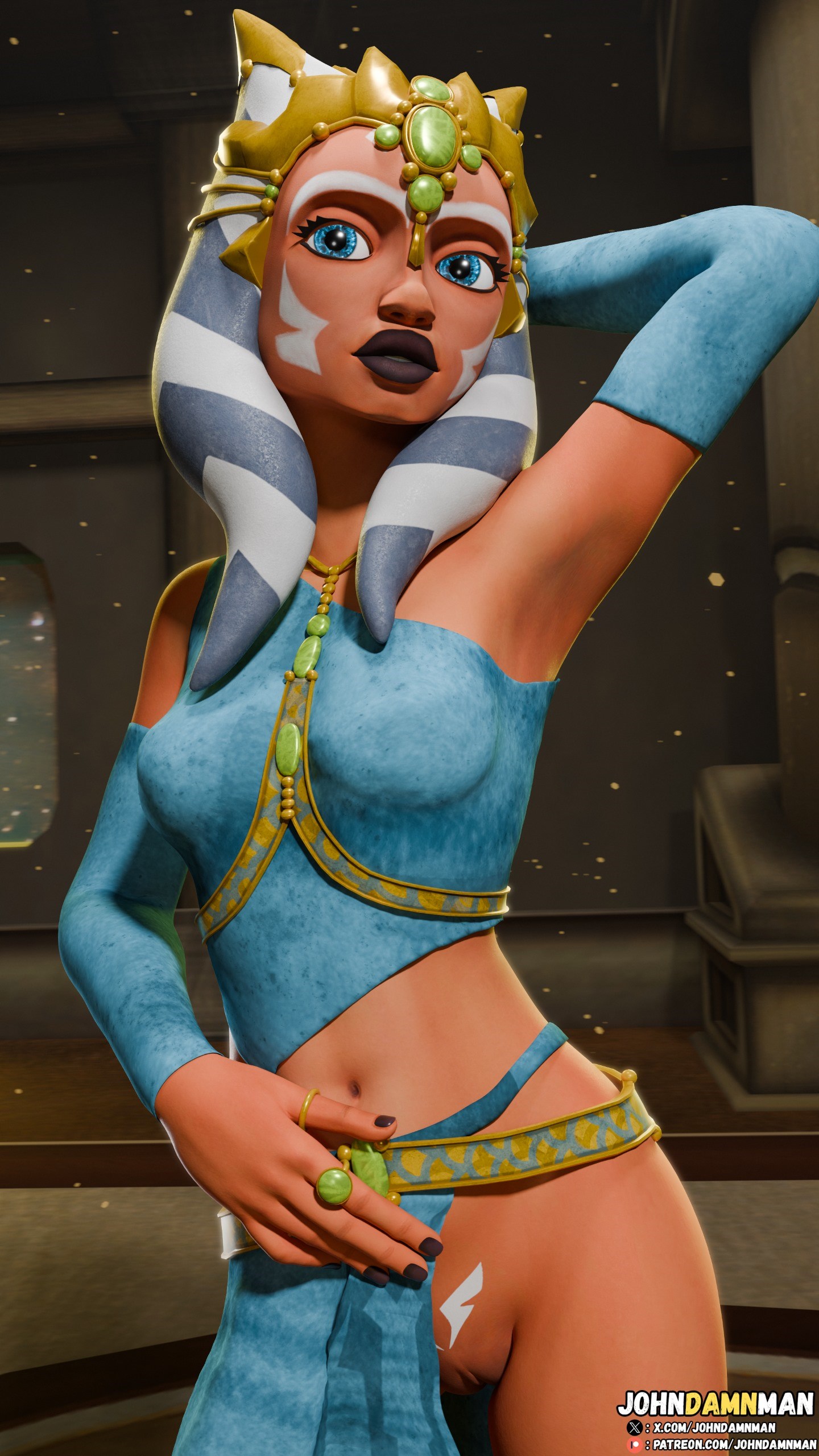 1girls, 3d, ahsoka tano, alien, armpits, blender, clone wars, female, female only, johndamnman, orange skin, posing, show accurate, slave ahsoka, slave outfit, solo, star wars, the clone wars: season four, togruta