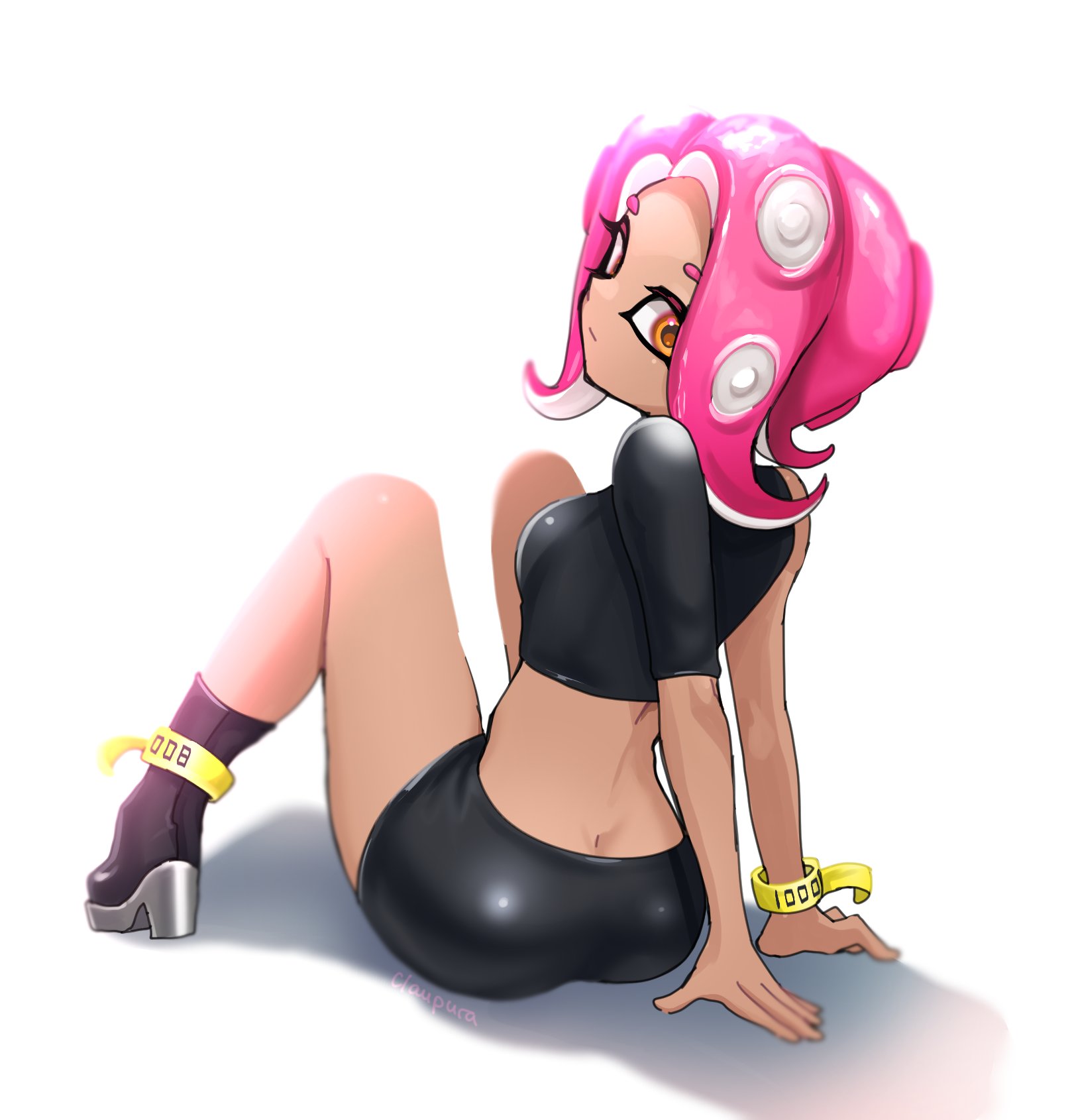 1girls, agent 8 (octo expansion), agent 8 (splatoon), ass, black skirt, bracelet, breasts, brown skin, brown-skinned female, closed mouth, commentary request, crop top, deleted in source, female, female focus, female only, from behind, full body, high heels, highres, looking at viewer, looking back, medium hair, nintendo, norishiitsu, octoling, octoling girl, pencil skirt, pink hair, simple background, sitting, skirt, solo, solo focus, splatoon, splatoon (series), tentacle hair, twitter link, white background, yellow bracelet, yellow eyes
