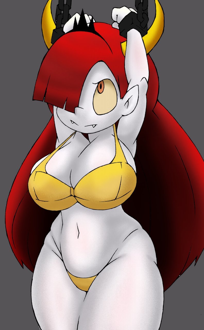 1girls, arms up, bondage, bra, breasts, chains, demon, disney, disney channel, disney xd, female, hekapoo, long hair, massive breasts, n-kosi, panties, red hair, solo, solo female, star vs the forces of evil, thong, tied up, underwear, white skin, yellow underwear