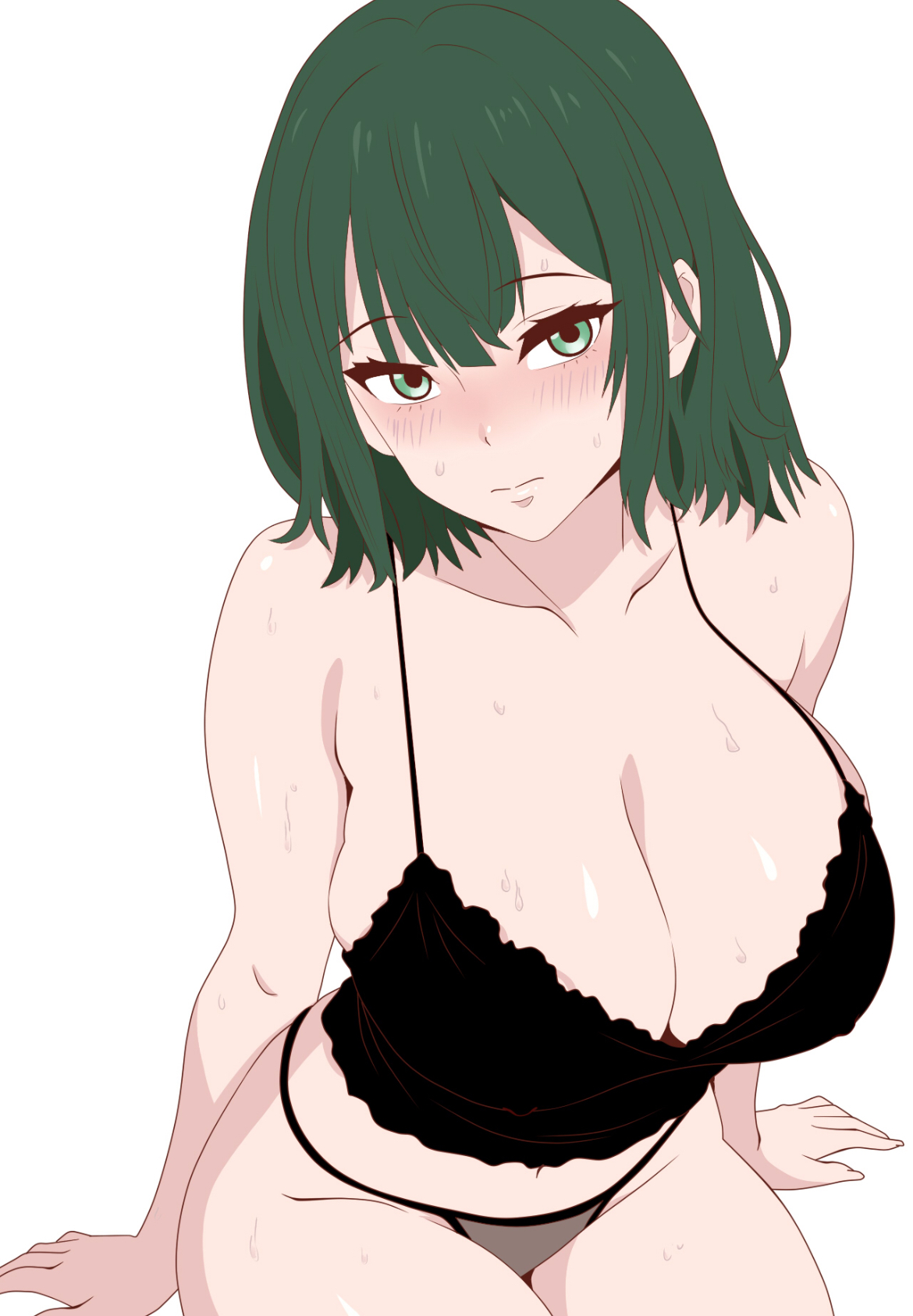 big breasts, blush lines, busty, busty female, cleavage, cleavage cutout, curves, curvy, curvy female, cute, cute face, female, female focus, female only, fubuki (one-punch man), green eyes, green hair, hourglass figure, juicy lips, lacy panties, looking at viewer, nipple bulge, one-punch man, oppai, sexy, sexy body, shinky udang, shirt and panties, short hair, solo, solo female, solo focus, sweatdrop, underwear, wide hips, wide thighs