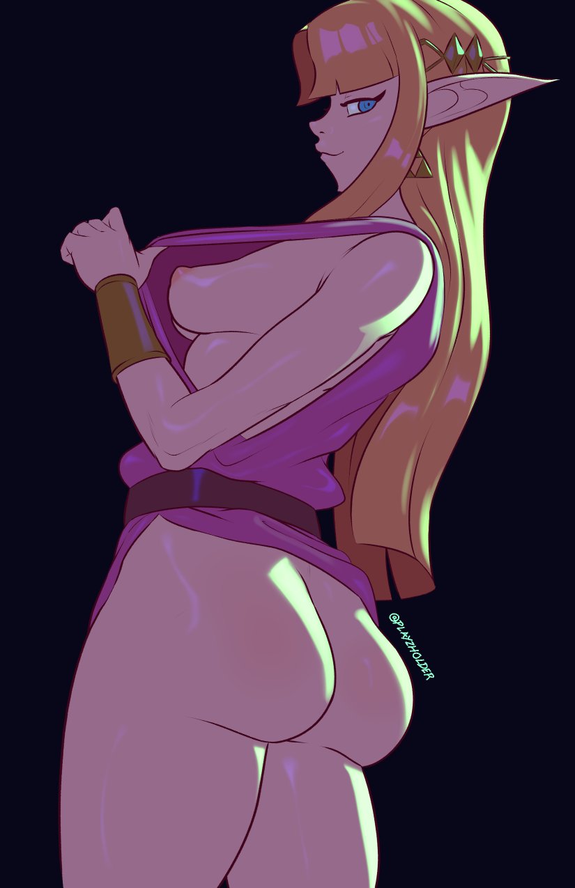 1girls, 2020, 2d, artist name, ass, big ass, black background, blonde hair, blue eyes, bottomless, female, female only, flashing, flashing breasts, light skin, light-skinned female, long hair, looking at viewer, looking back, nintendo, no sex, playzholder, pointy ears, princess zelda, simple background, smirk, smirking at viewer, solo, solo female, straight hair, the legend of zelda, zelda (a link between worlds)