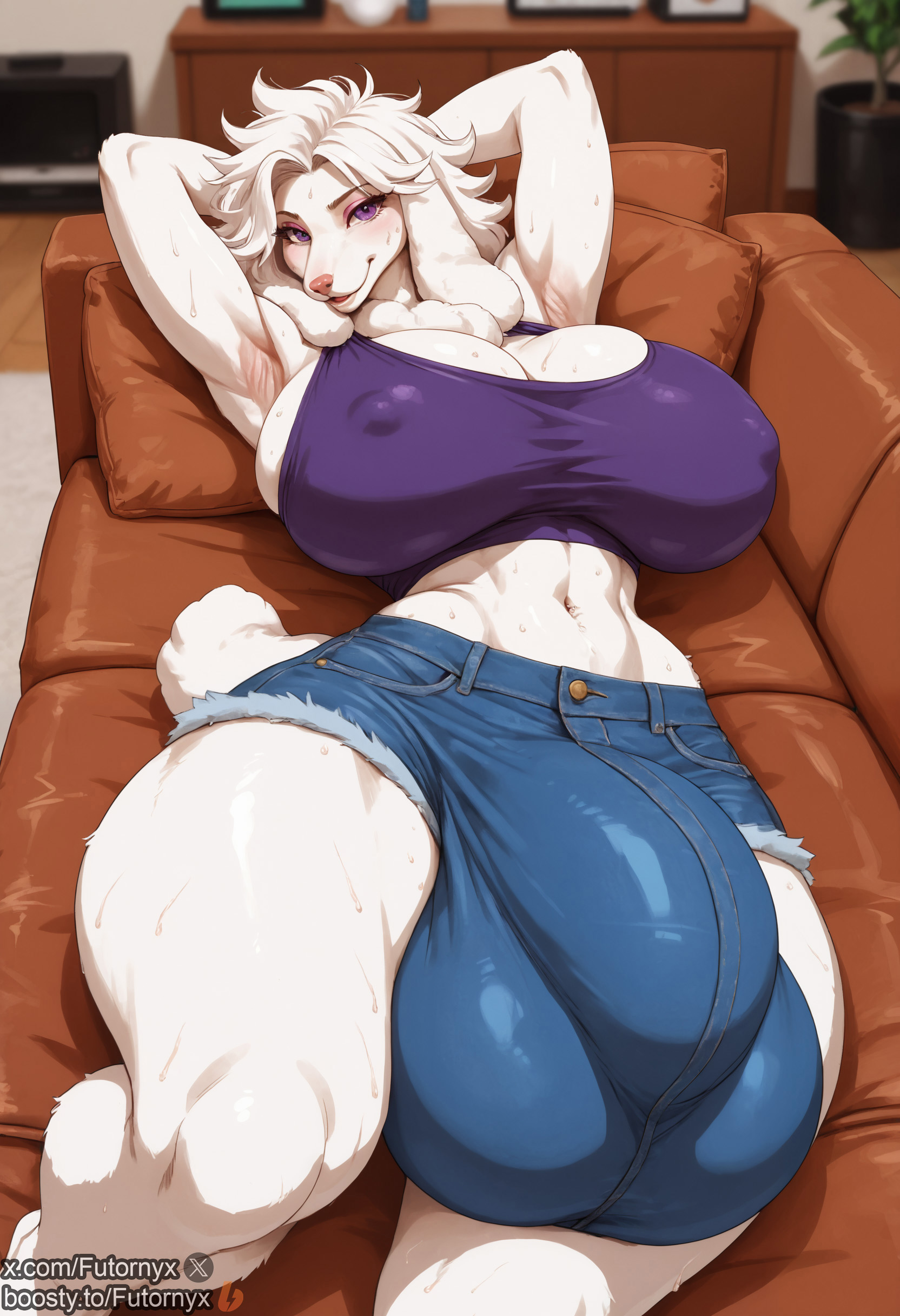 1futa, ai generated, balls, boosty username, breasts, bulge, dickgirl, fur, furry, futanari, futornyx, huge balls, huge breasts, intersex, large breasts, large testicles, poodle, purple eyes, solo, testicles, thick thighs, twitter username, white fur, white hair, wide hips