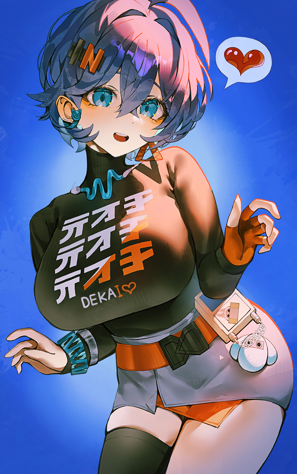 accessories, belle (zenless zone zero), belt, black shirt, blue background, blue eyes, blue hair, bracelet, breasts, earrings, female, female only, fingerless gloves, gloves, hair between eyes, hair ornament, heart, highres, indol, jewelry, large breasts, letter hair ornament, necklace, open mouth, orange gloves, shirt, single fingerless glove, single thighhigh, smile, solo, speech bubble, standing, teeth, thighhighs, upper teeth only, zenless zone zero