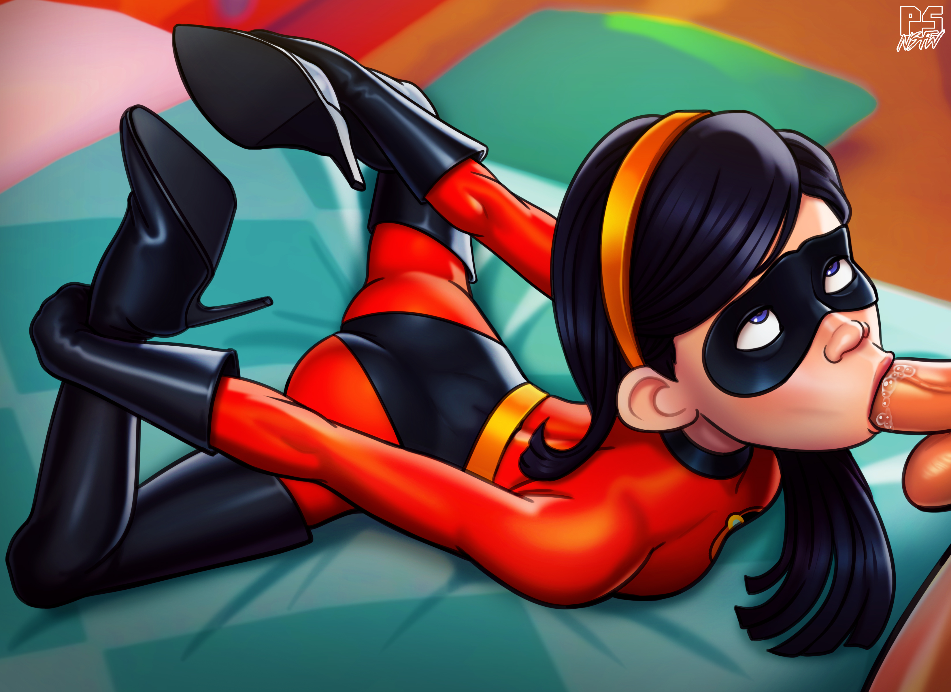 :>=, 1boy, 1girls, 2d, angry dragon, artist name, ass, black hair, black-haired female, blowjob, clothed, clothing, disney, domino mask, duo, erection, fellatio, female, full color, fully clothed, hair, male, mask, on stomach, oral, oral penetration, oral sex, penis, pixar, pumpkinsinclair, purple eyes, straight, straight hair, sucking, the incredibles, uniform, unseen male face, violet parr, watermark