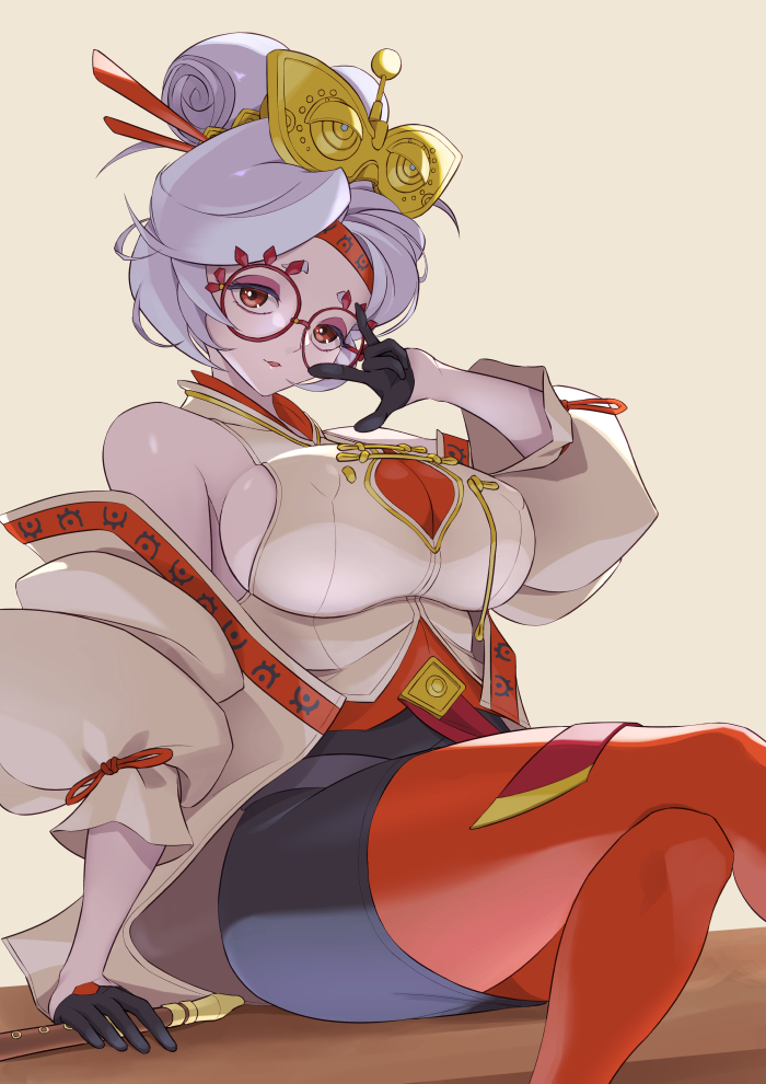 1girls, arm support, bare shoulders, black gloves, black skirt, breasts, brown coat, coat, commentary request, ema (emaura), feet out of frame, female, female only, flute, glasses, gloves, goggles, goggles on head, hair ornament, hair stick, half gloves, headband, instrument, large breasts, nintendo, pantyhose, parted lips, partial commentary, purah, recorder, red eyes, red headband, red pantyhose, red-framed eyewear, round eyewear, sheikah, sideboob, sitting, skirt, sleeveless, solo, the legend of zelda, white hair, yellow background