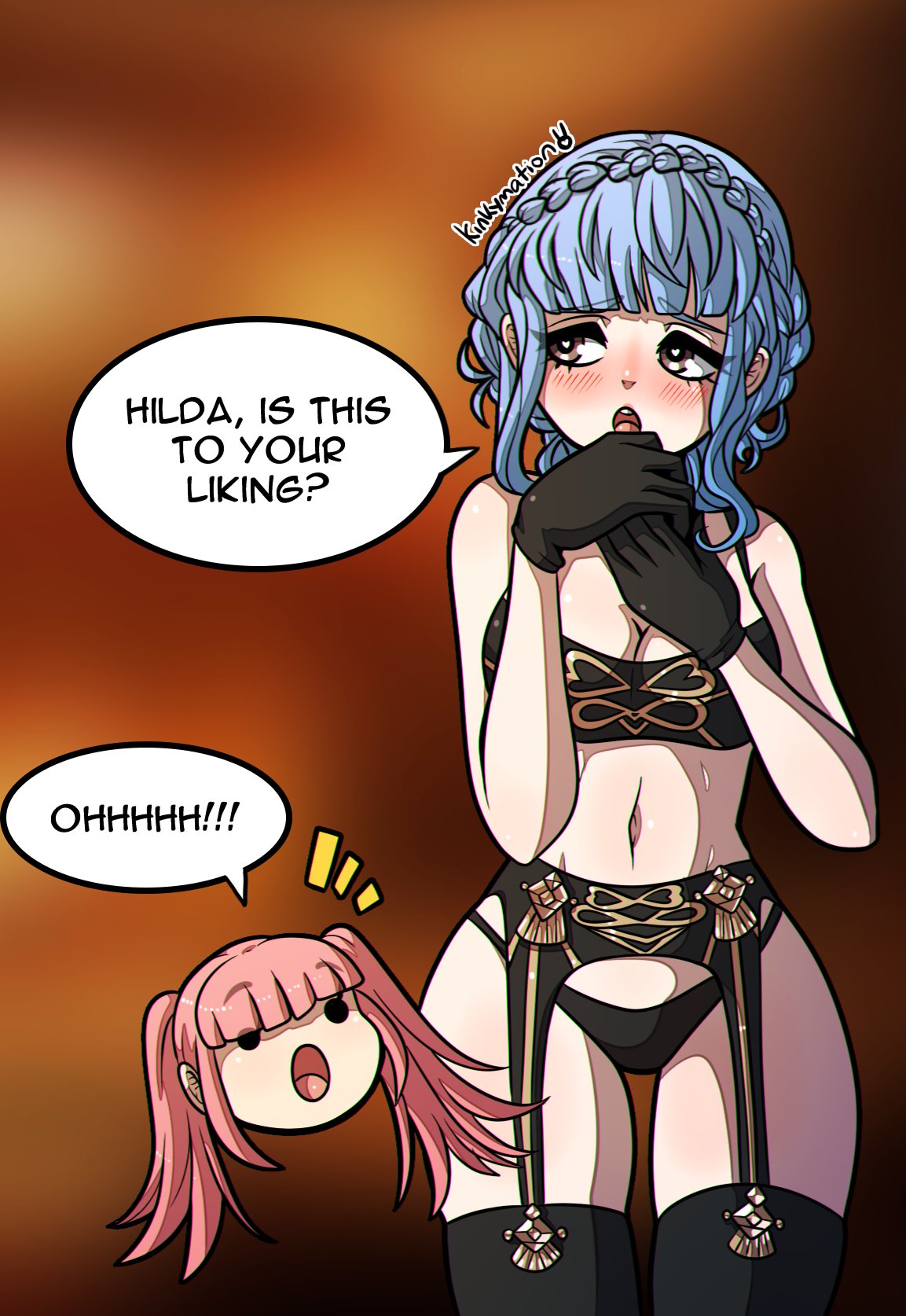 2girls, artist logo, artist name, artist signature, black bra, black garter belt, black gloves, black lingerie, black panties, black thighhighs, blue hair, blurry background, blush, bra, breasts, brown eyes, cleavage, english text, eyebrows visible through hair, female, female only, fire emblem, fire emblem: three houses, garter belt, gloves, heart-shaped pupils, hilda valentine goneril, kinkymation, light blue hair, lingerie, marianne von edmund, multiple females, multiple girls, nervous, nintendo, open mouth, panties, pink hair, pre-timeskip, text, thick thighs, thigh gap, thighhighs, twintails, underwear, underwear only, wholesome, yuri