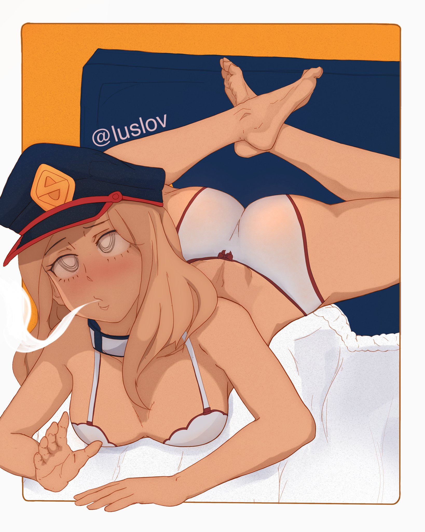 1girls, blonde hair, blonde-haired female, blush, bra, camie utsushimi, feet, female, female only, hat, luslov, my hero academia, panties, shiketsu high school cap, smoke, solo, swirly eyes, toes