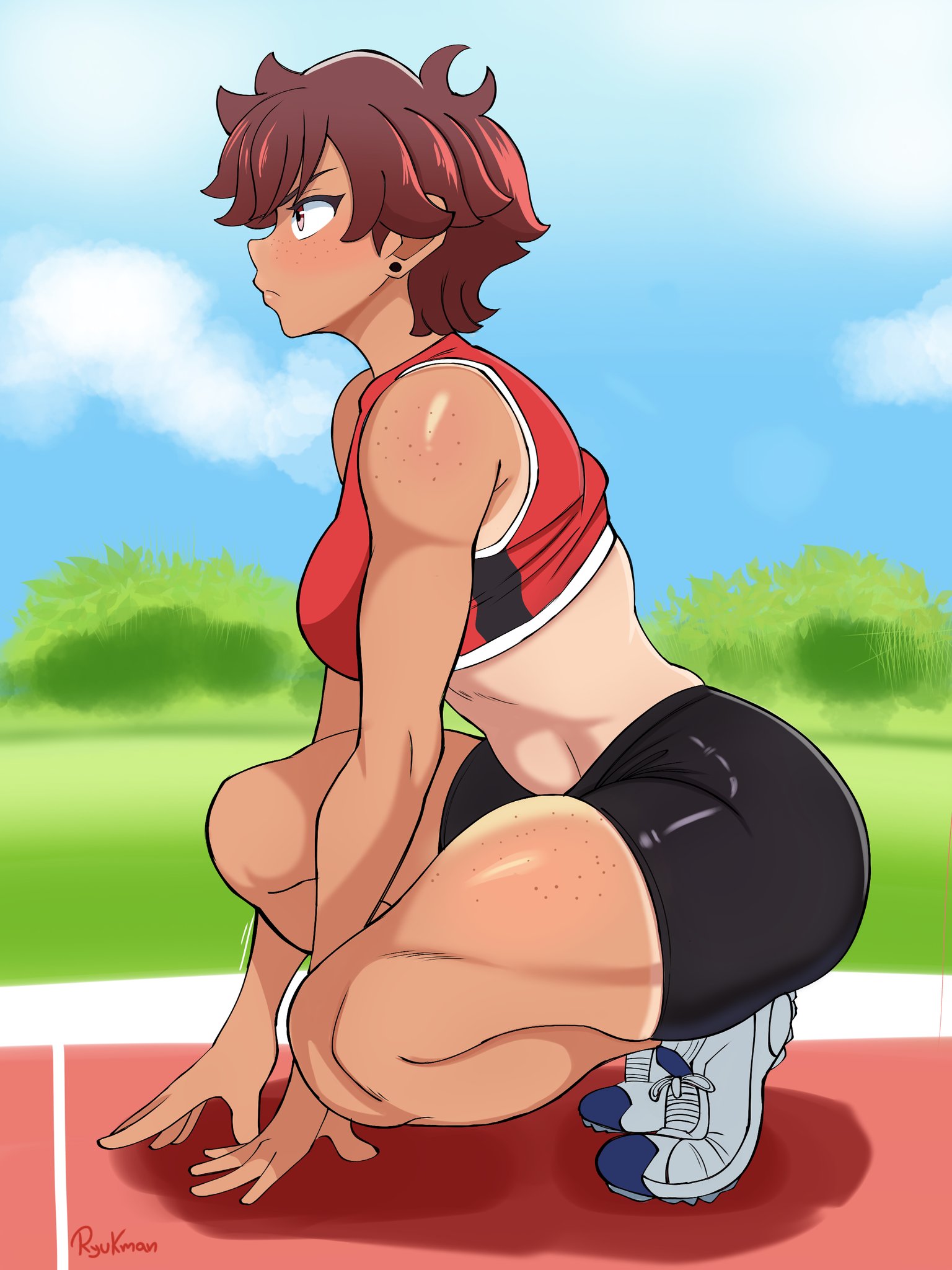 1girls, ahoge, artist name, ass, blue sky, blurry background, brown hair, concentrating, dark-skinned female, day, earrings, freckles, full body, medium breasts, muscular female, orange eyes, original, ryukman, serious, shoes, short hair, shorts, sneakers, sportswear, squatting, tanline, teresa (ryukman), tomboy