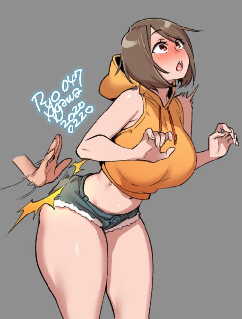 1girls, big breasts, blush, breasts, clothed, disembodied hand, female, large breasts, ryo agawa, shorts, solo focus, spanked, spanking